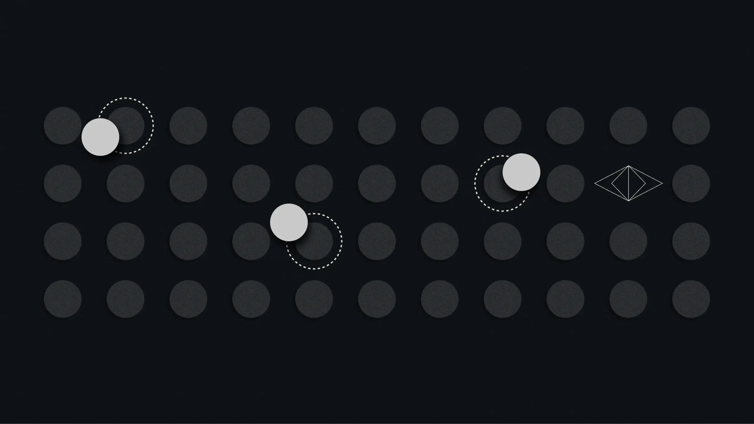 A dark grid of circles with three light grey circles highlighted by dotted outlines and a white geometric shape in the top right.