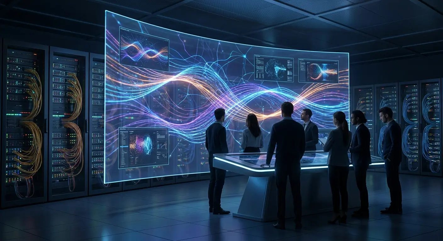 Professionals in a server room view a large curved screen displaying glowing data visualizations.