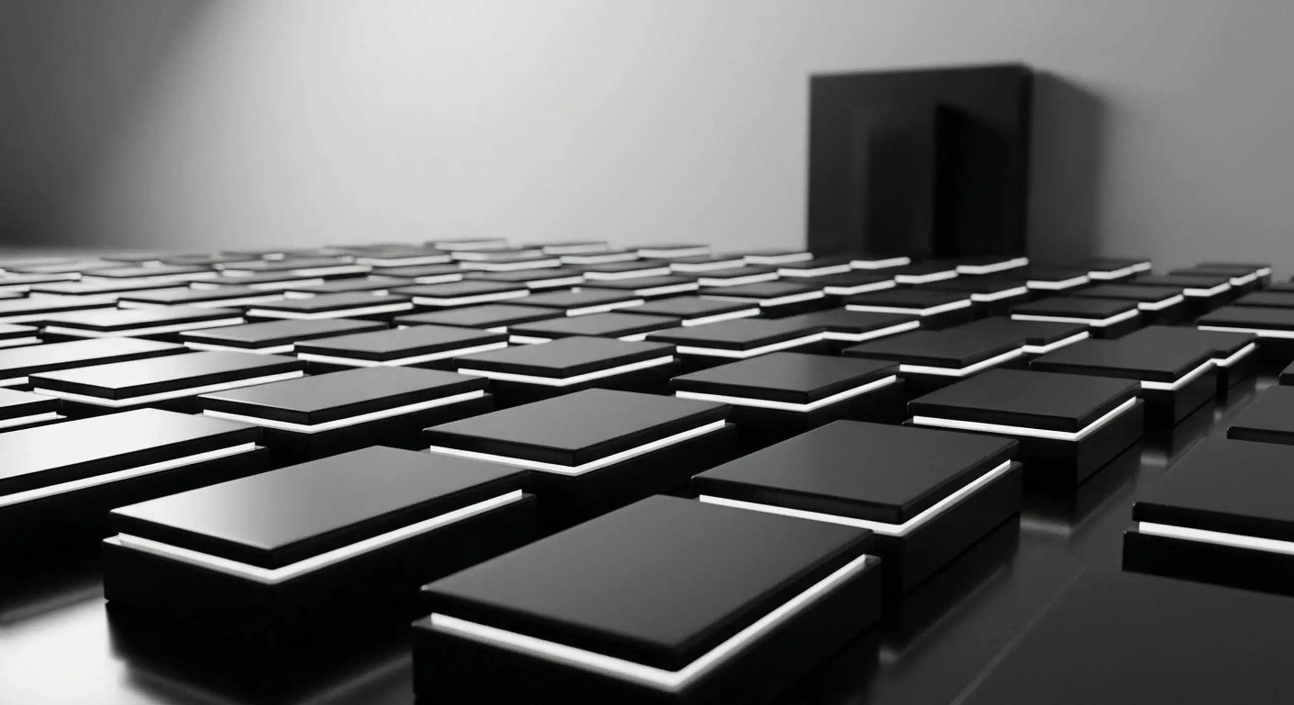 Abstract grid of black rectangular blocks with glowing white lines, leading to a large black cube.