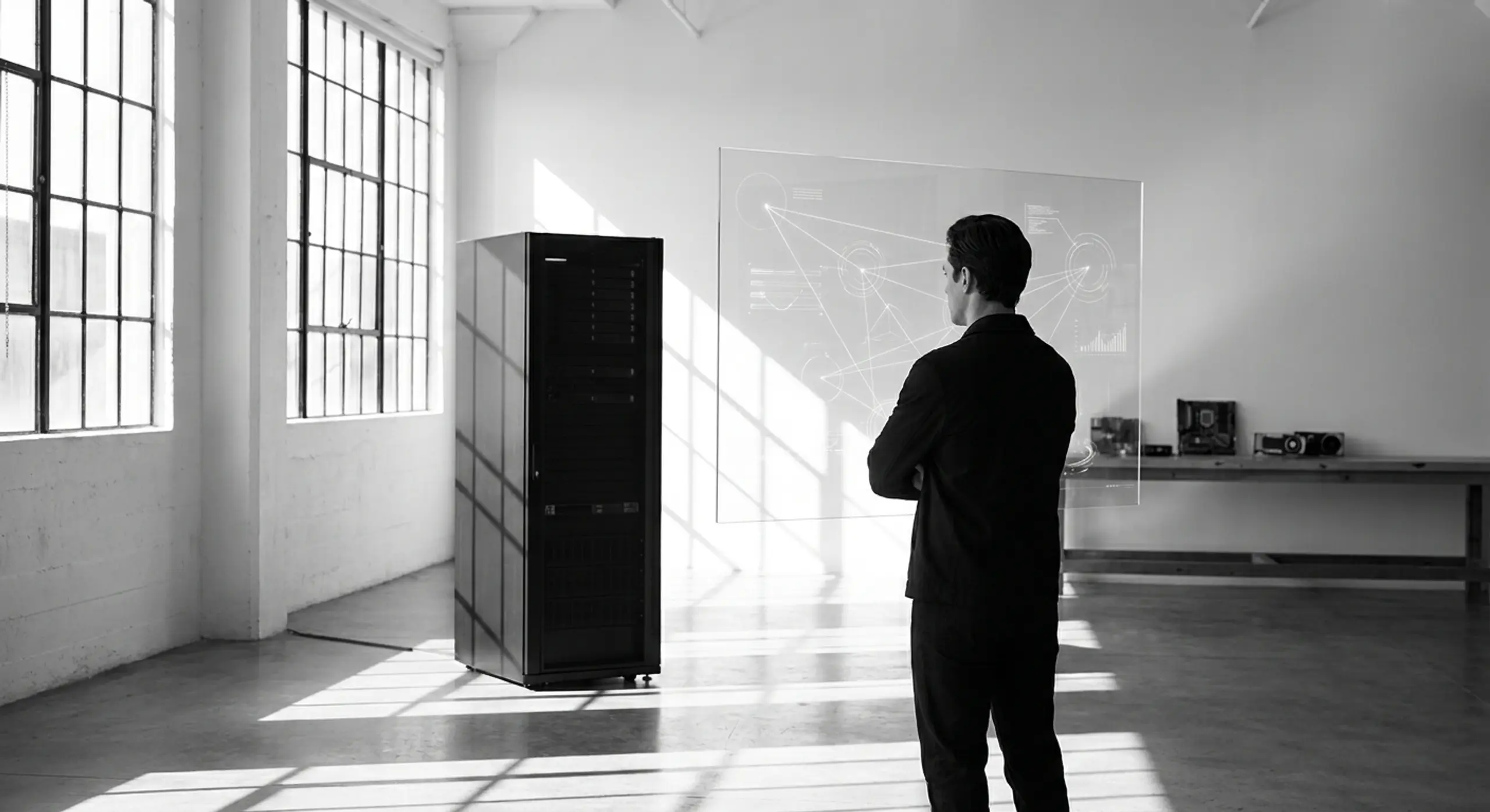 A man in a suit views a transparent data screen, with a server rack to his left, in a bright, modern room.