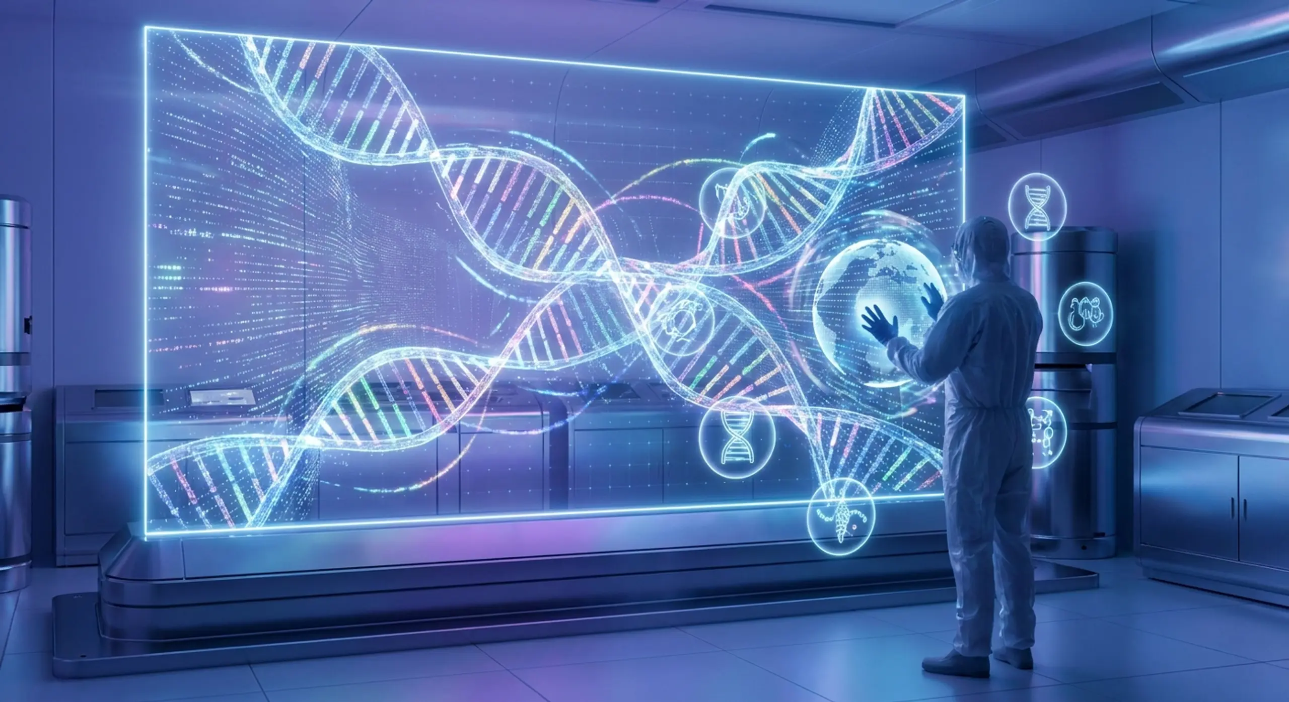 Scientist in a lab suit interacts with a large holographic display showing DNA strands and scientific icons.