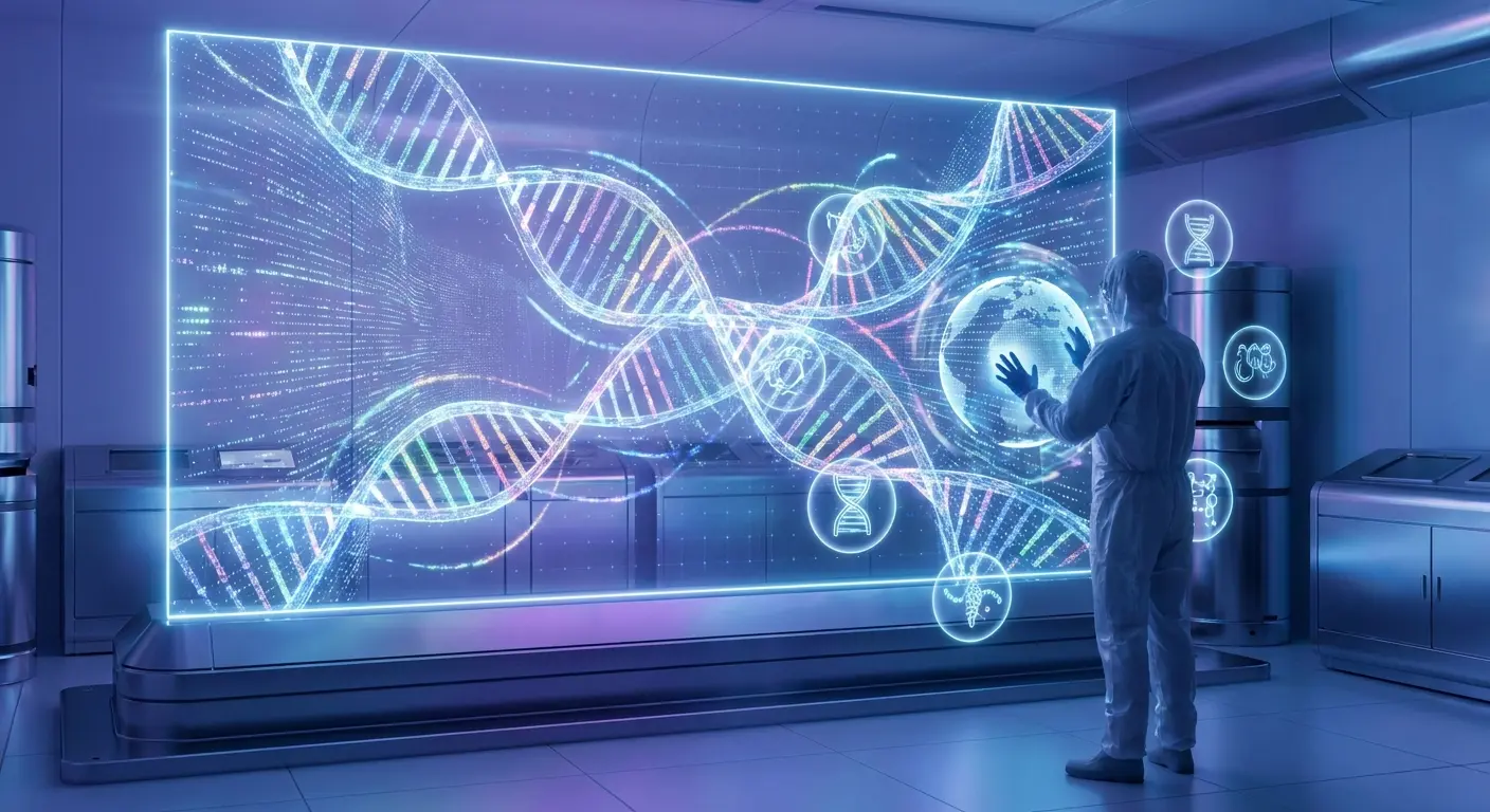 Scientist in a lab suit interacts with a large holographic display showing DNA strands and scientific icons.