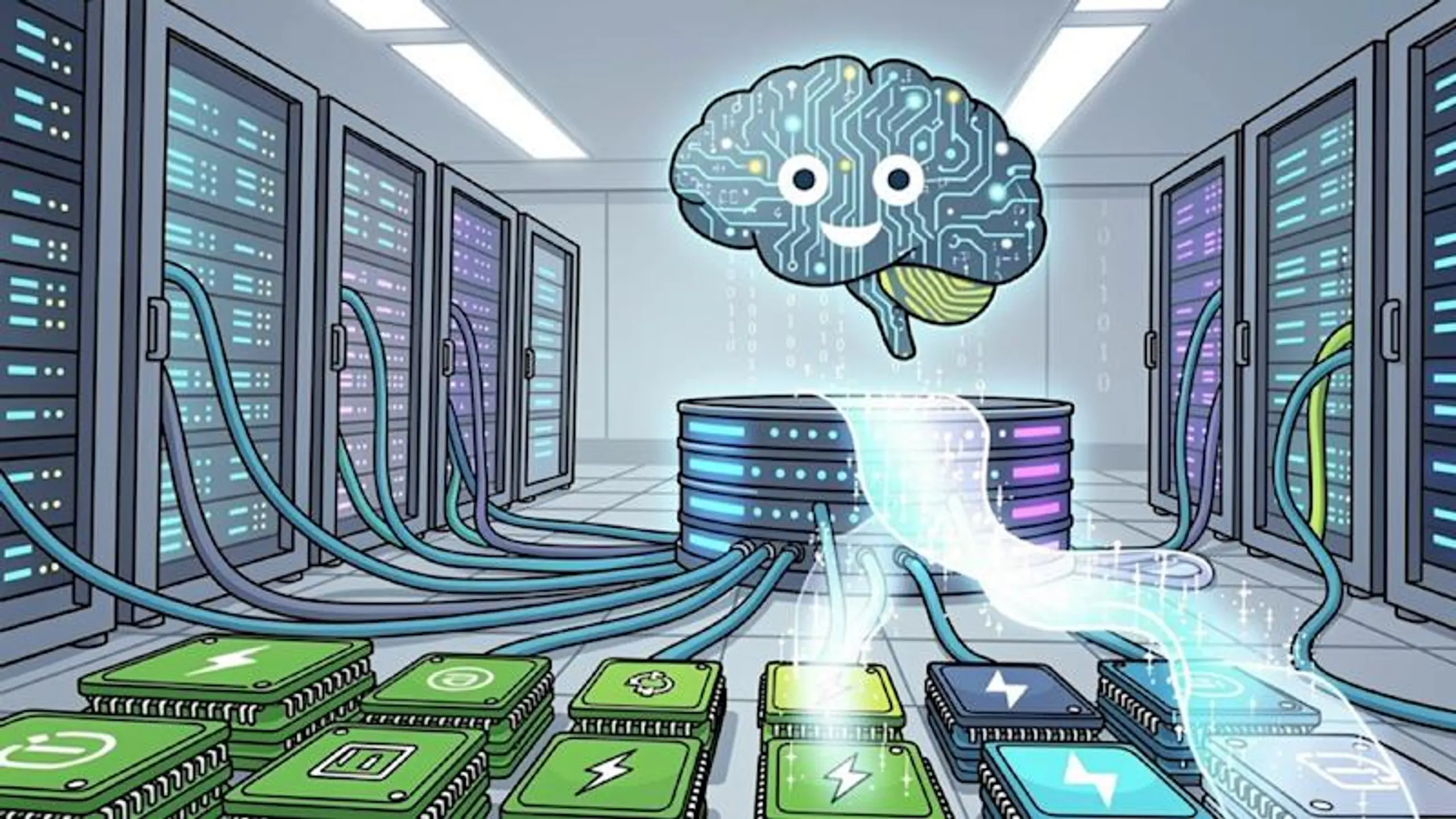 A happy circuit-patterned brain oversees a data center, directing glowing information streams from a database to stacks of green and blue chips.