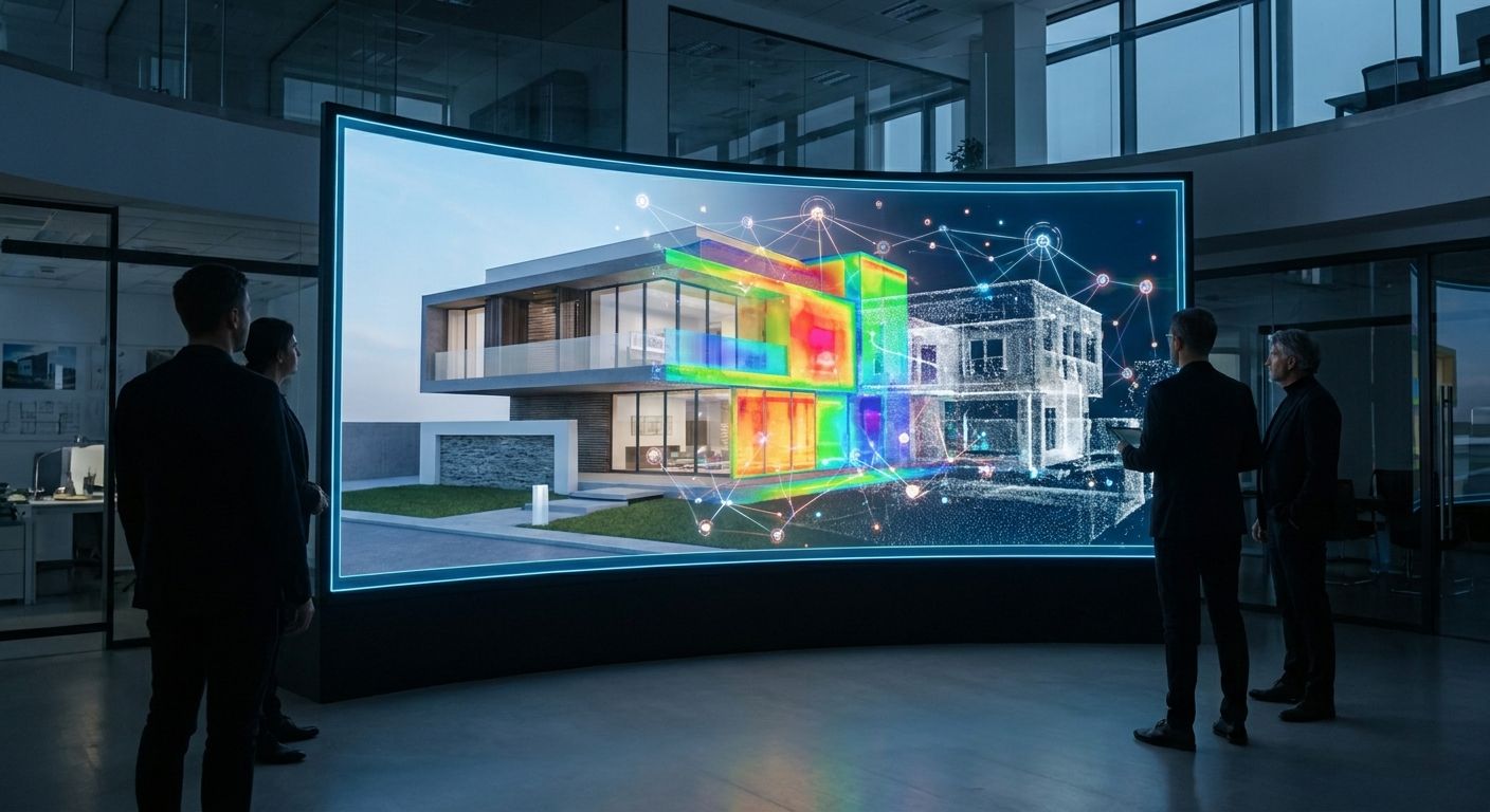 Professionals observe a digital architectural model with thermal analysis and data visualization on a large curved display.