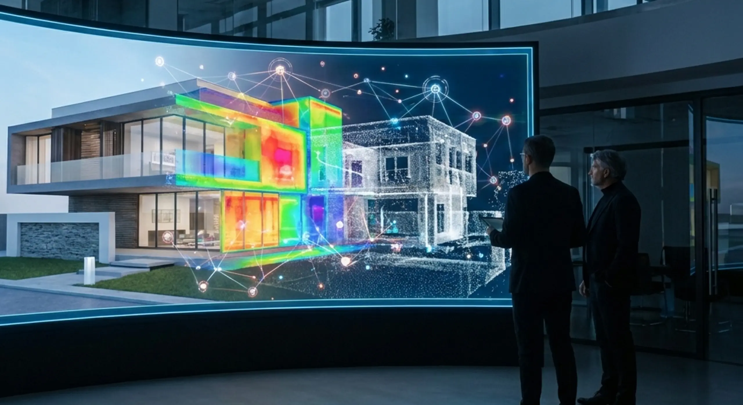 Professionals observe a digital architectural model with thermal analysis and data visualization on a large curved display.