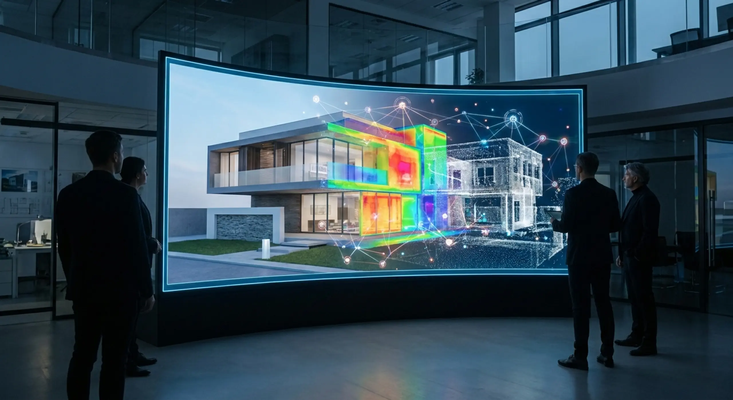 Professionals observe a digital architectural model with thermal analysis and data visualization on a large curved display.
