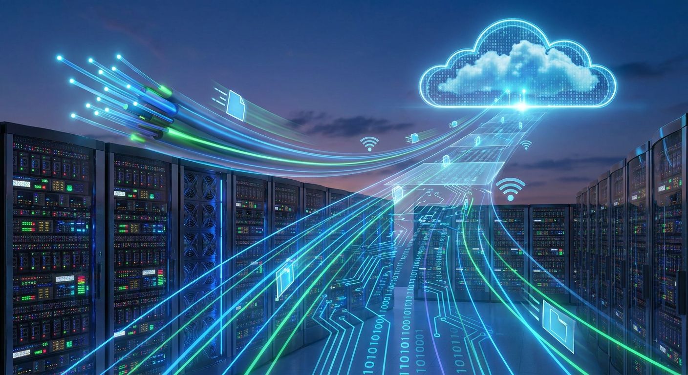 Digital illustration of data streaming from server racks and fiber optic cables to a glowing cloud.
