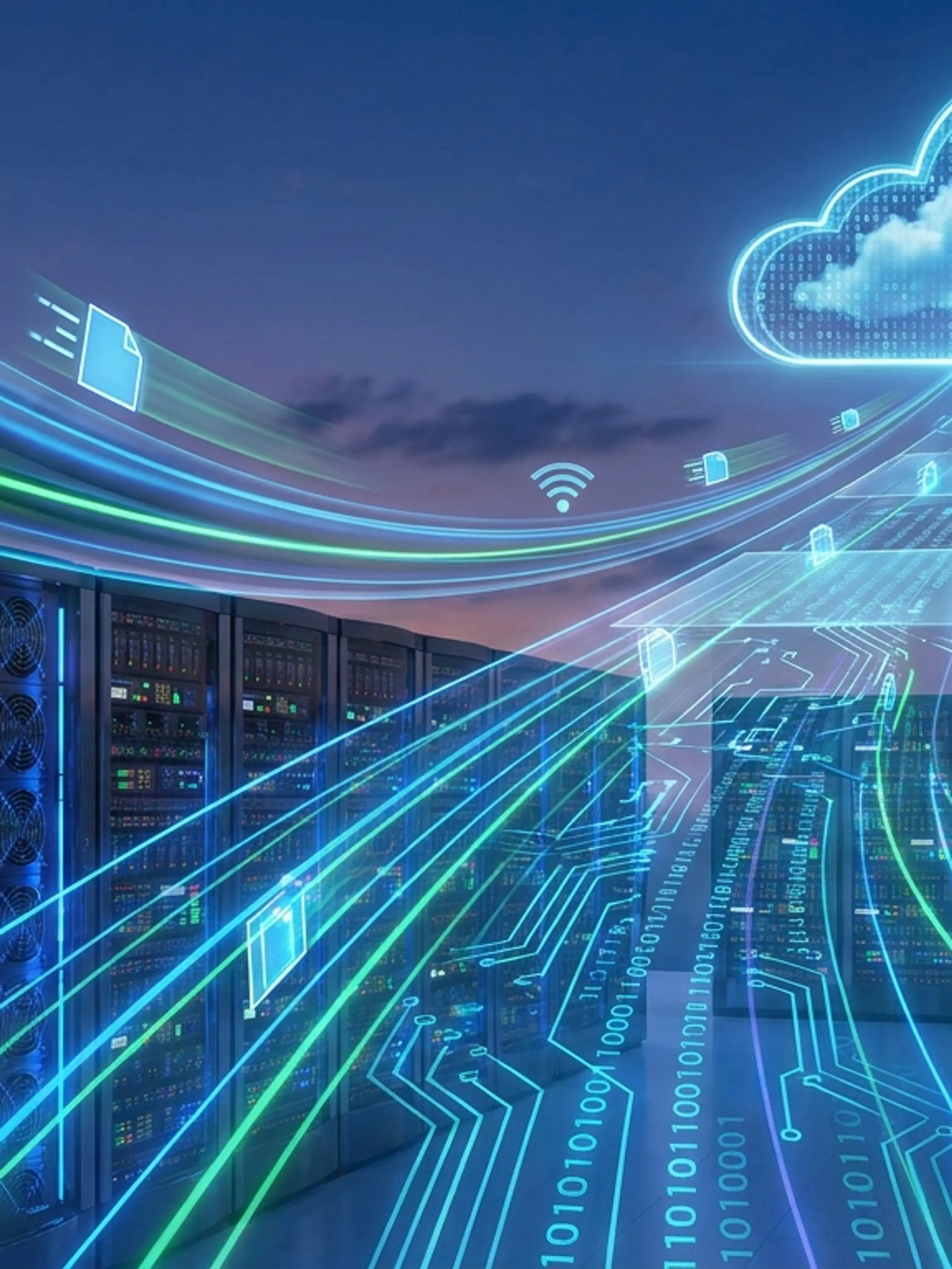Digital illustration of data streaming from server racks and fiber optic cables to a glowing cloud.
