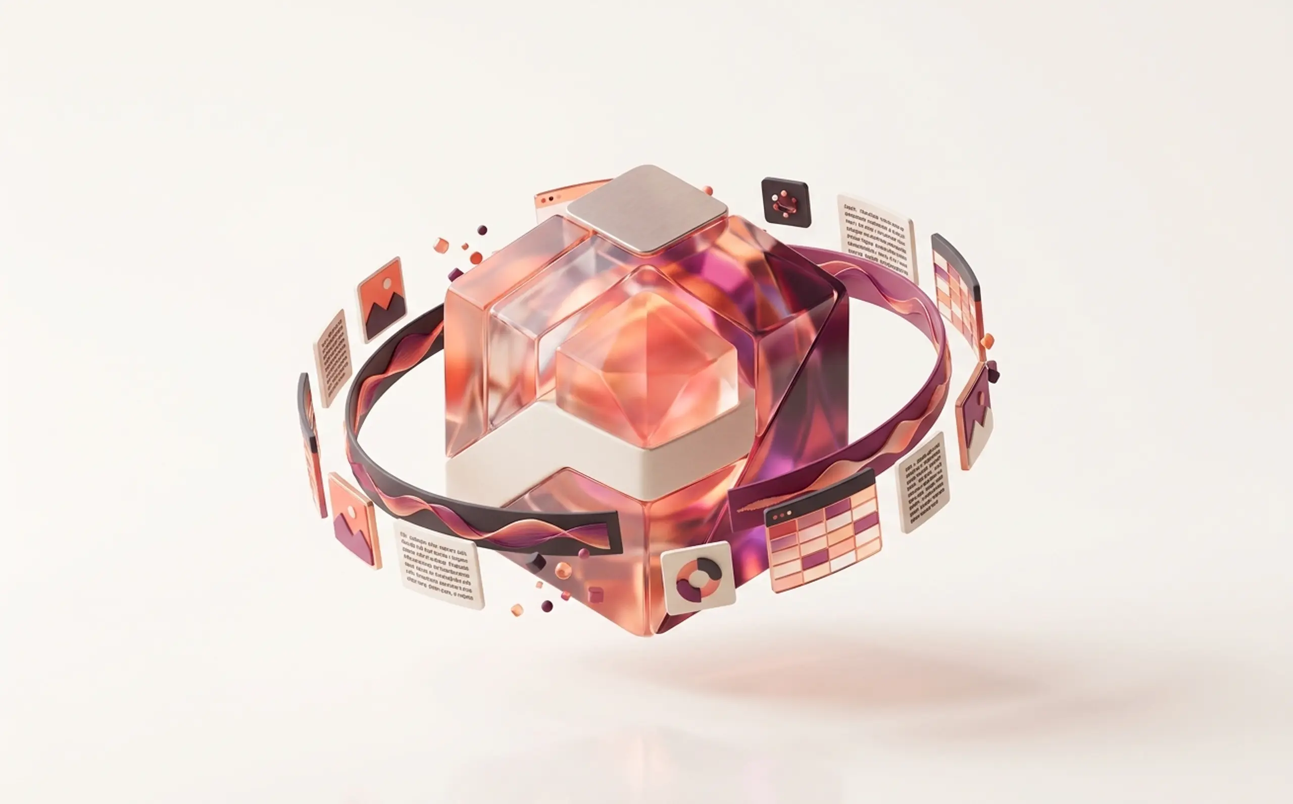 Abstract 3D rendering of a pink and orange faceted object surrounded by a band of digital file icons.