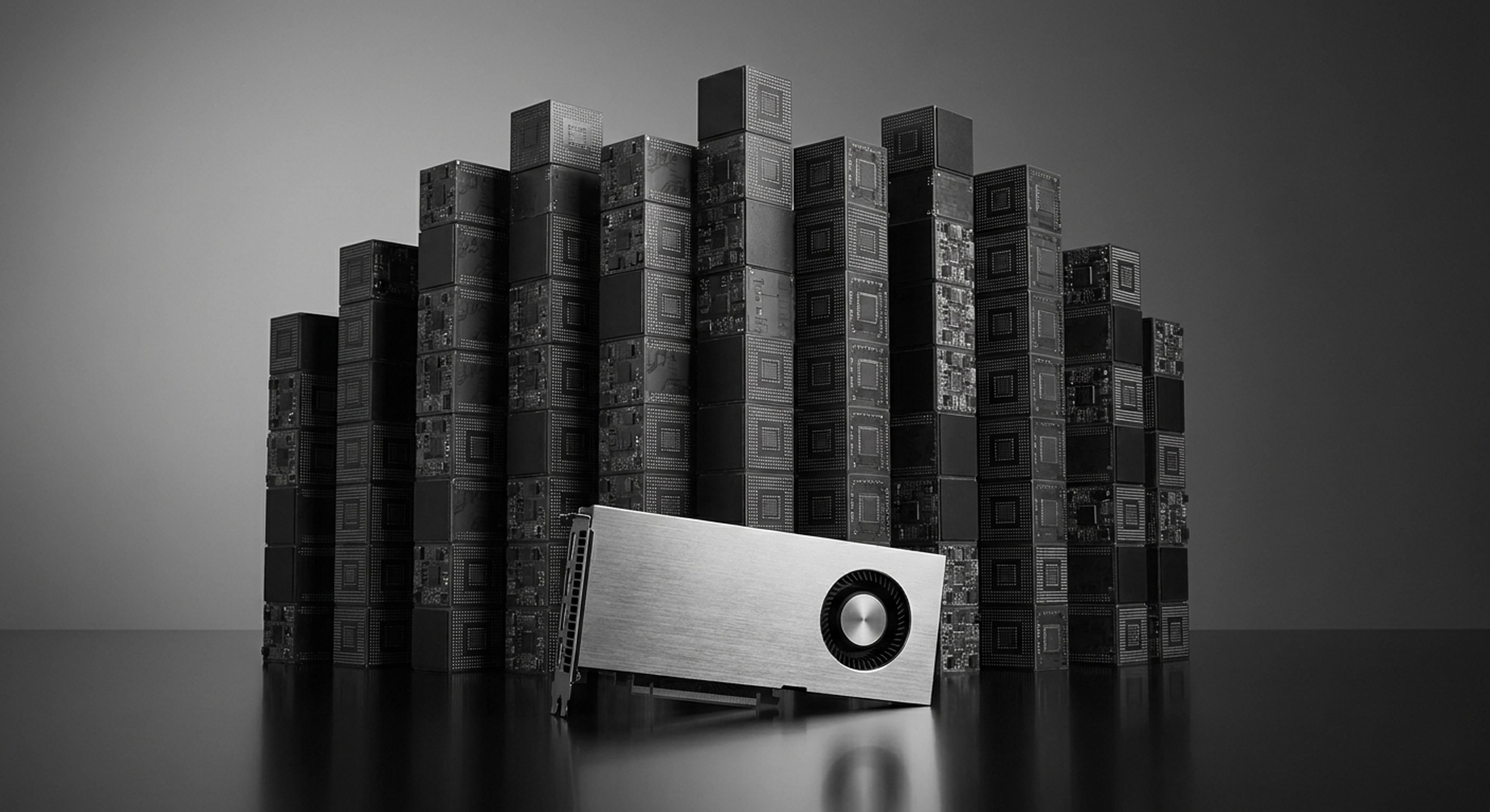 A silver graphics card is angled in front of stacks of dark, patterned blocks, arranged like a bar graph, in grayscale.