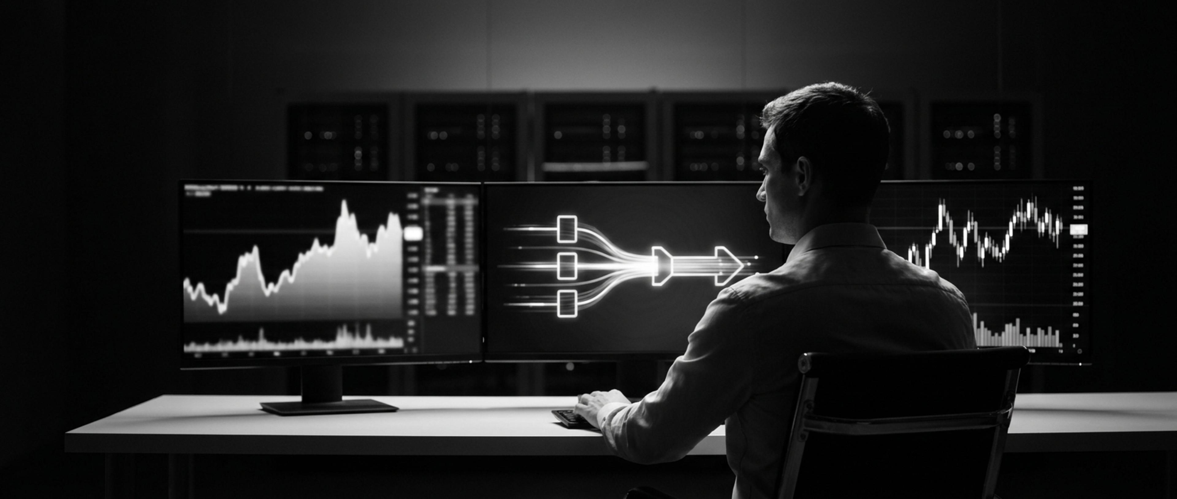 A man views multiple computer screens displaying data charts and a data flow diagram in a dark room.