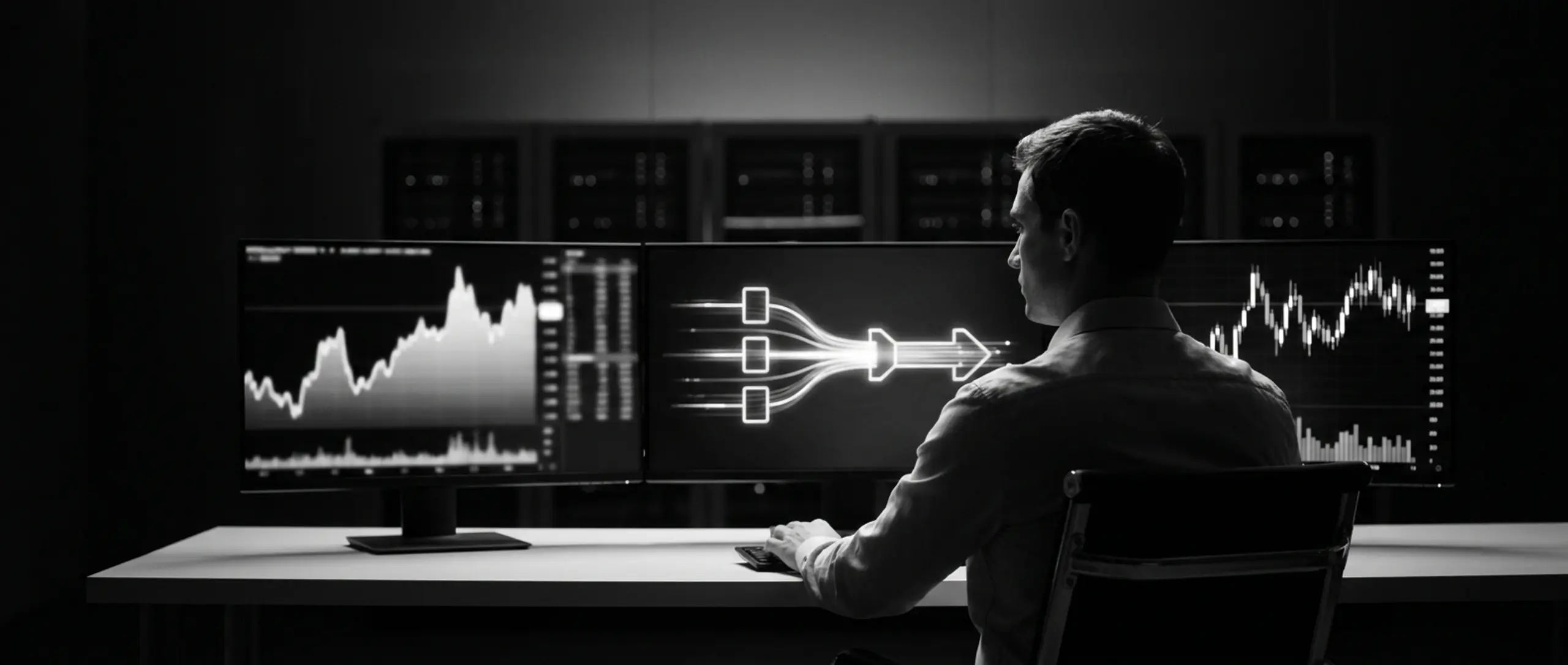 A man views multiple computer screens displaying data charts and a data flow diagram in a dark room.