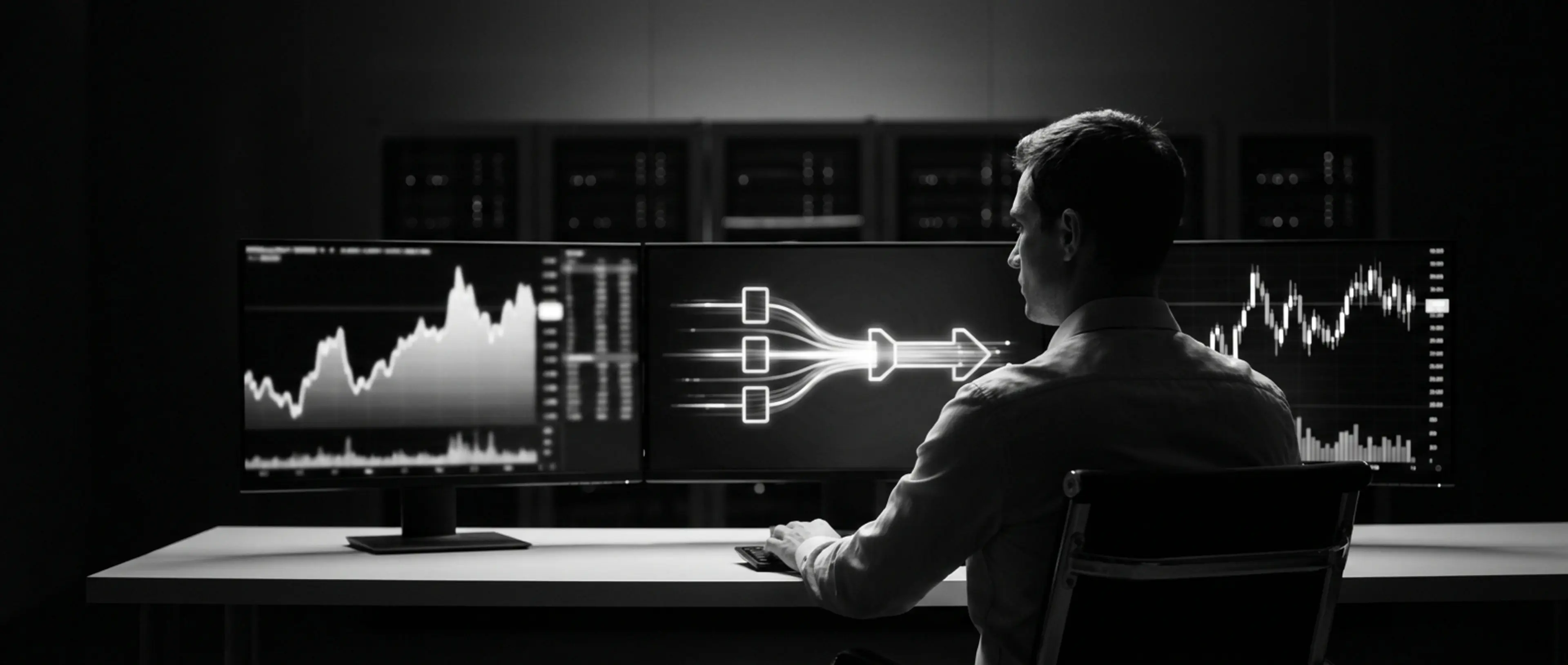 A man views multiple computer screens displaying data charts and a data flow diagram in a dark room.