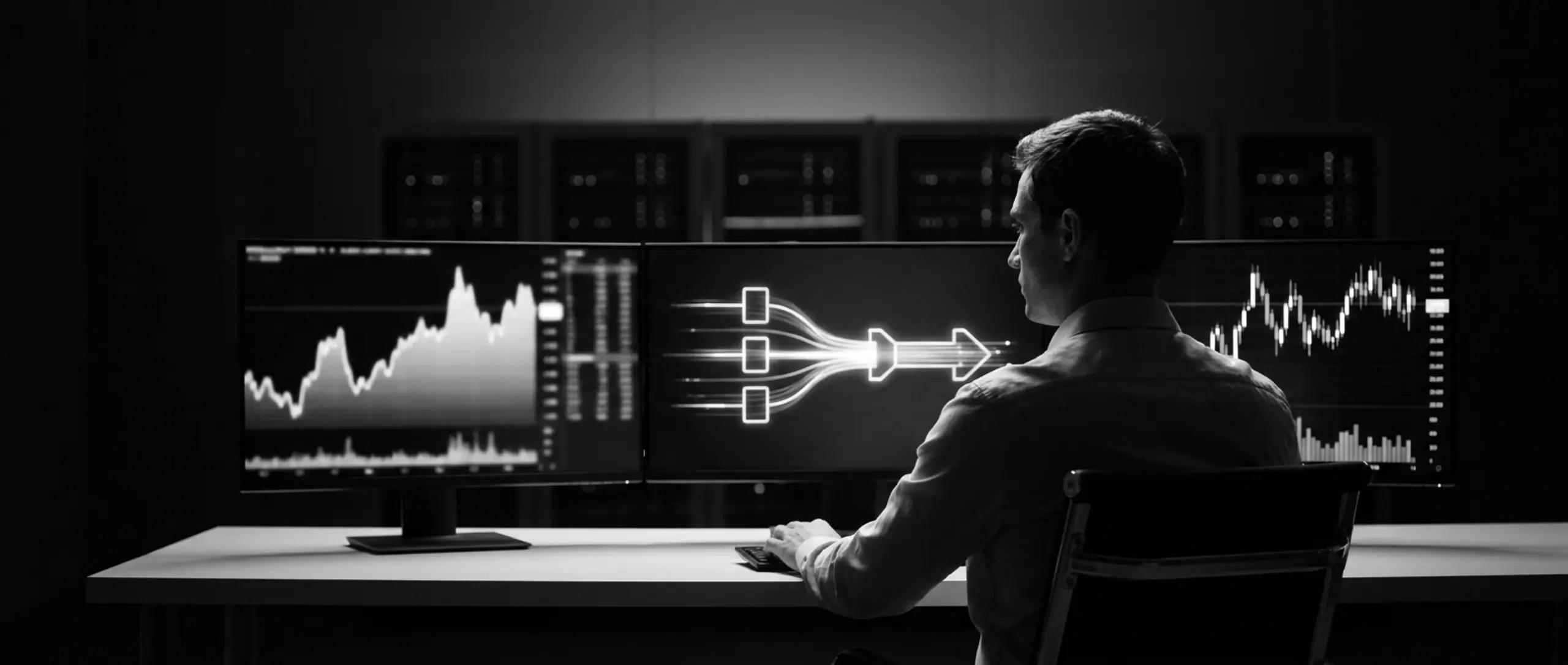 A man views multiple computer screens displaying data charts and a data flow diagram in a dark room.