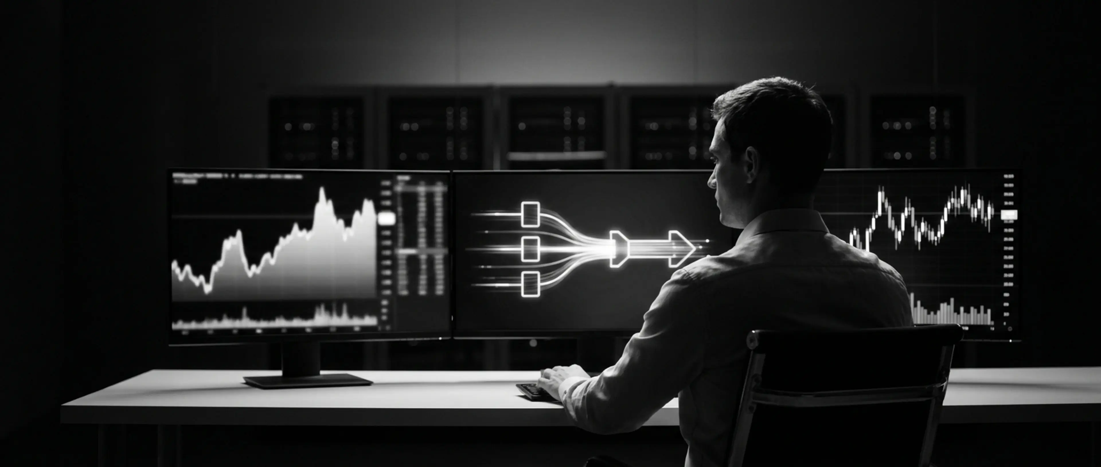 A man views multiple computer screens displaying data charts and a data flow diagram in a dark room.