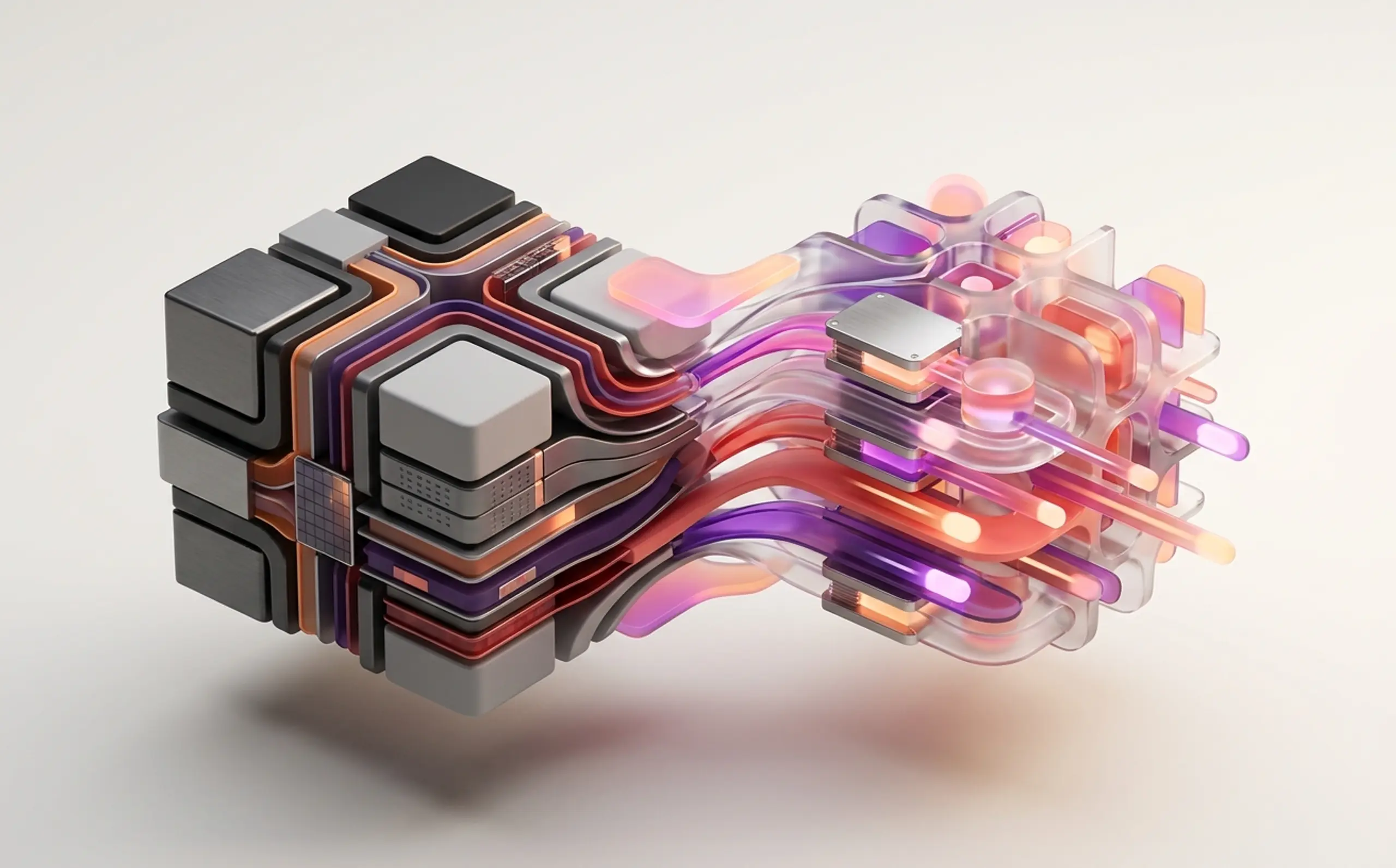 Abstract 3D render of a structured technology block transitioning into a vibrant, flowing network of glowing translucent forms.
