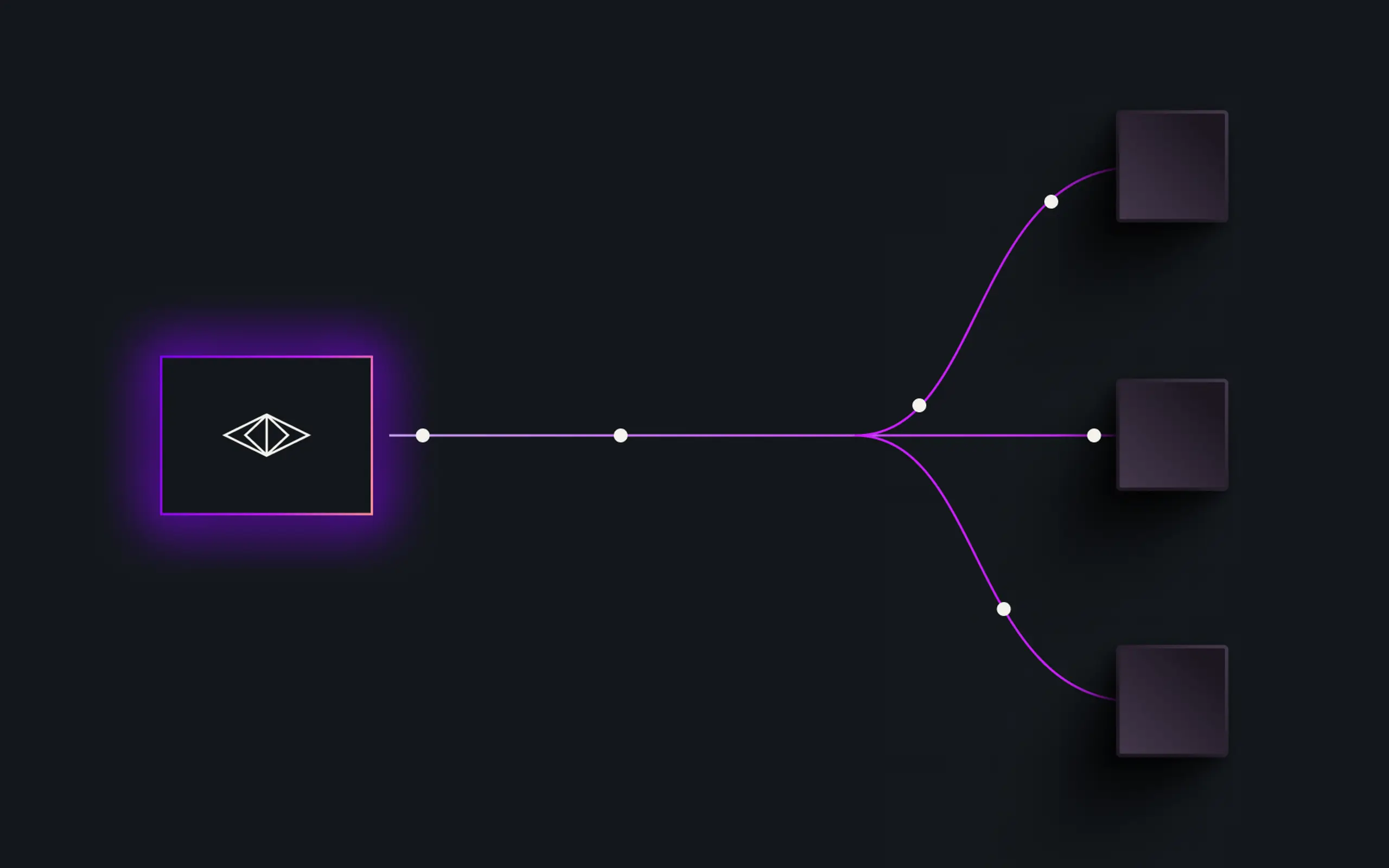 Diagram of a glowing purple box with a geometric logo, connected to three dark blocks by a branching purple line.