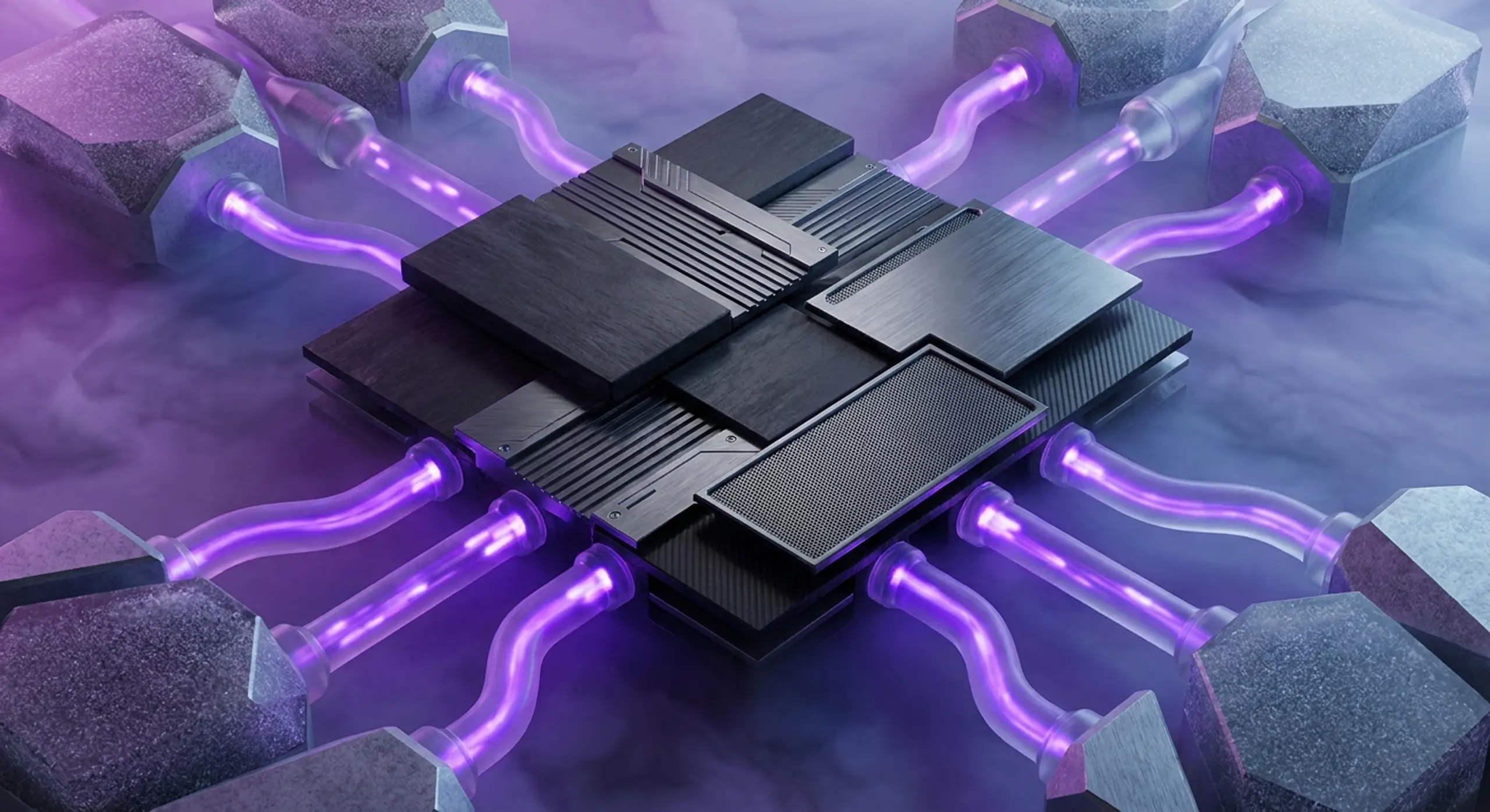 A dark, multi-faceted central processing unit connected by eight glowing purple tubes to stone-like terminals, surrounded by haze.