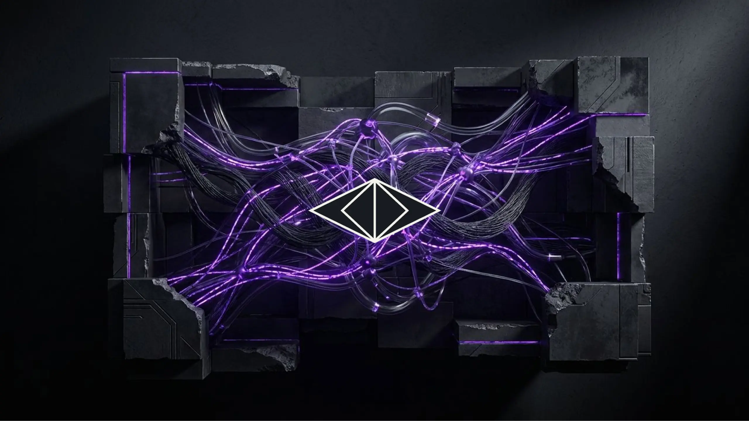 A black and white eye-like logo surrounded by glowing purple wires emerging from dark, broken geometric blocks.
