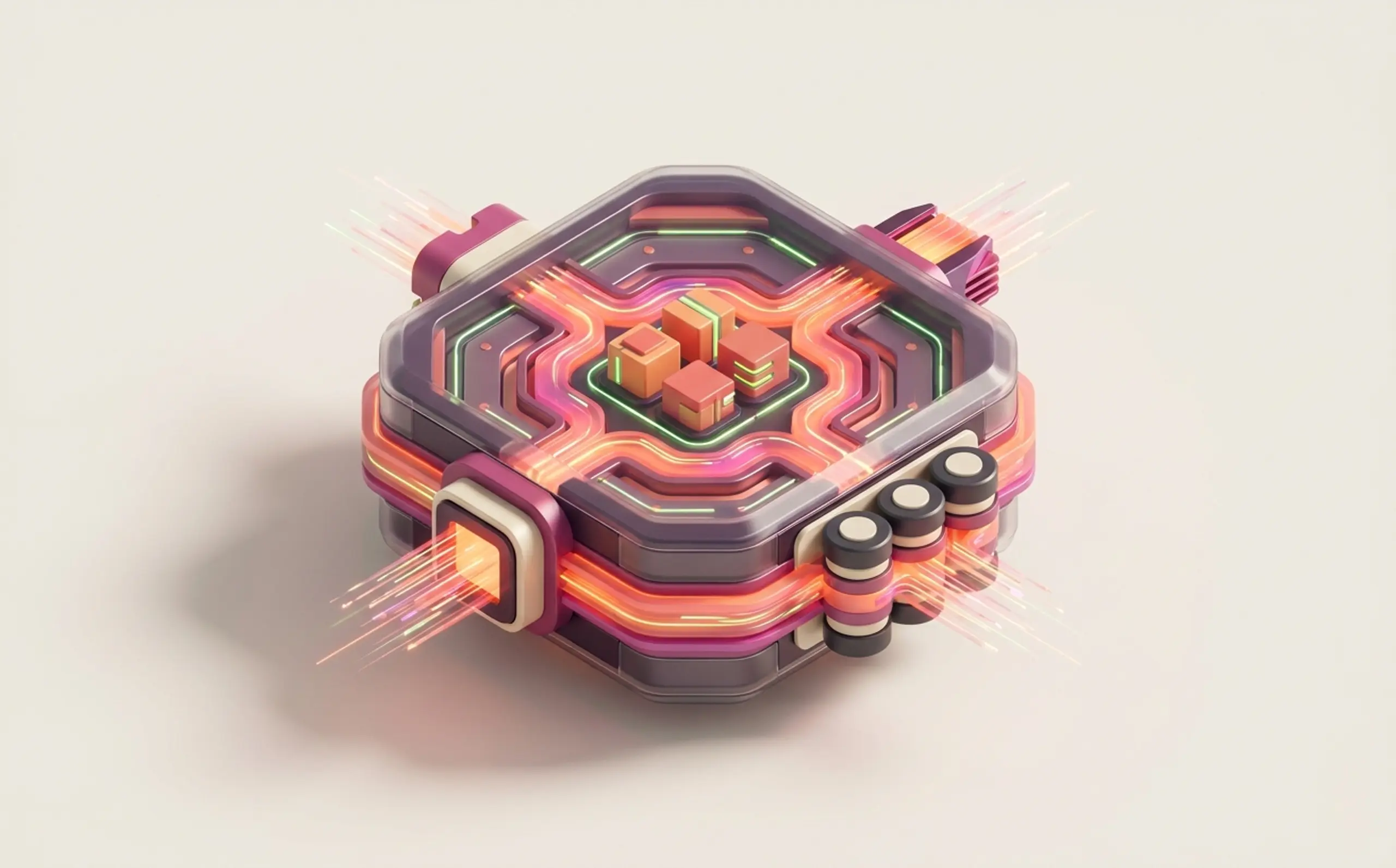 A futuristic, colorful data processing unit with glowing circuits and light streams.
