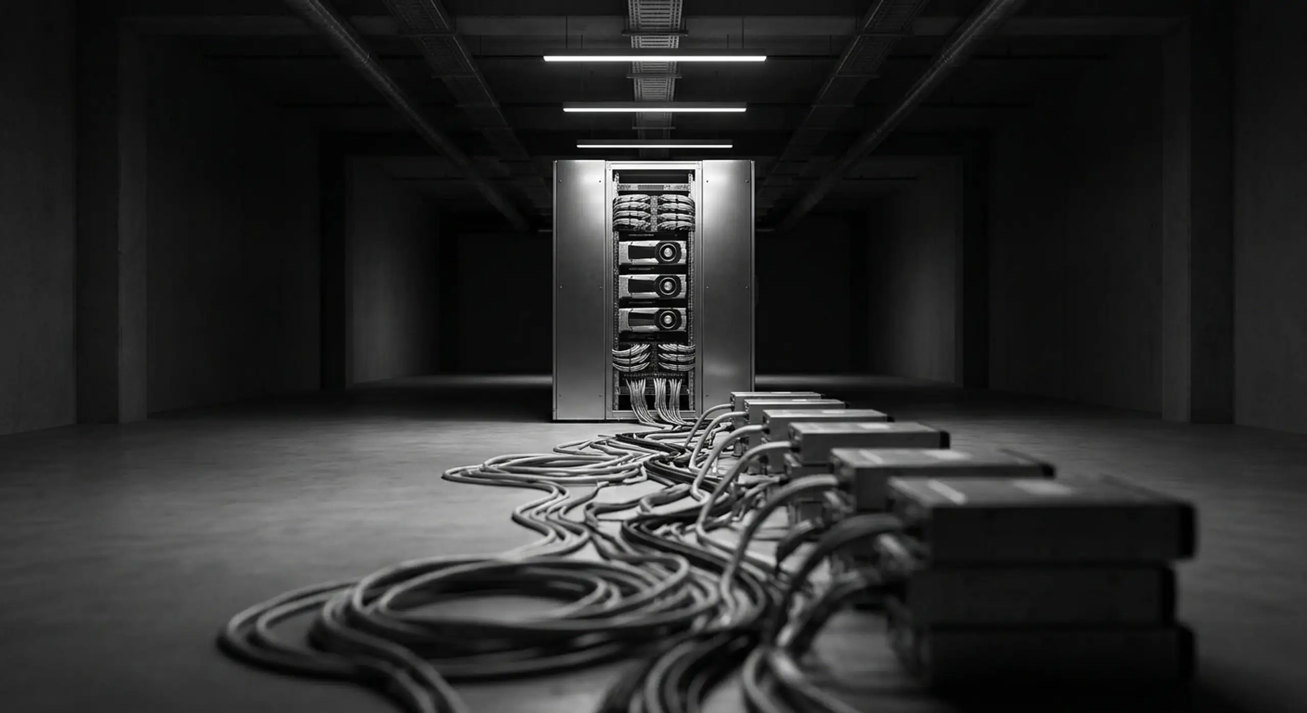 Monochrome image of a server rack connected by cables to devices on the floor in a dark room.