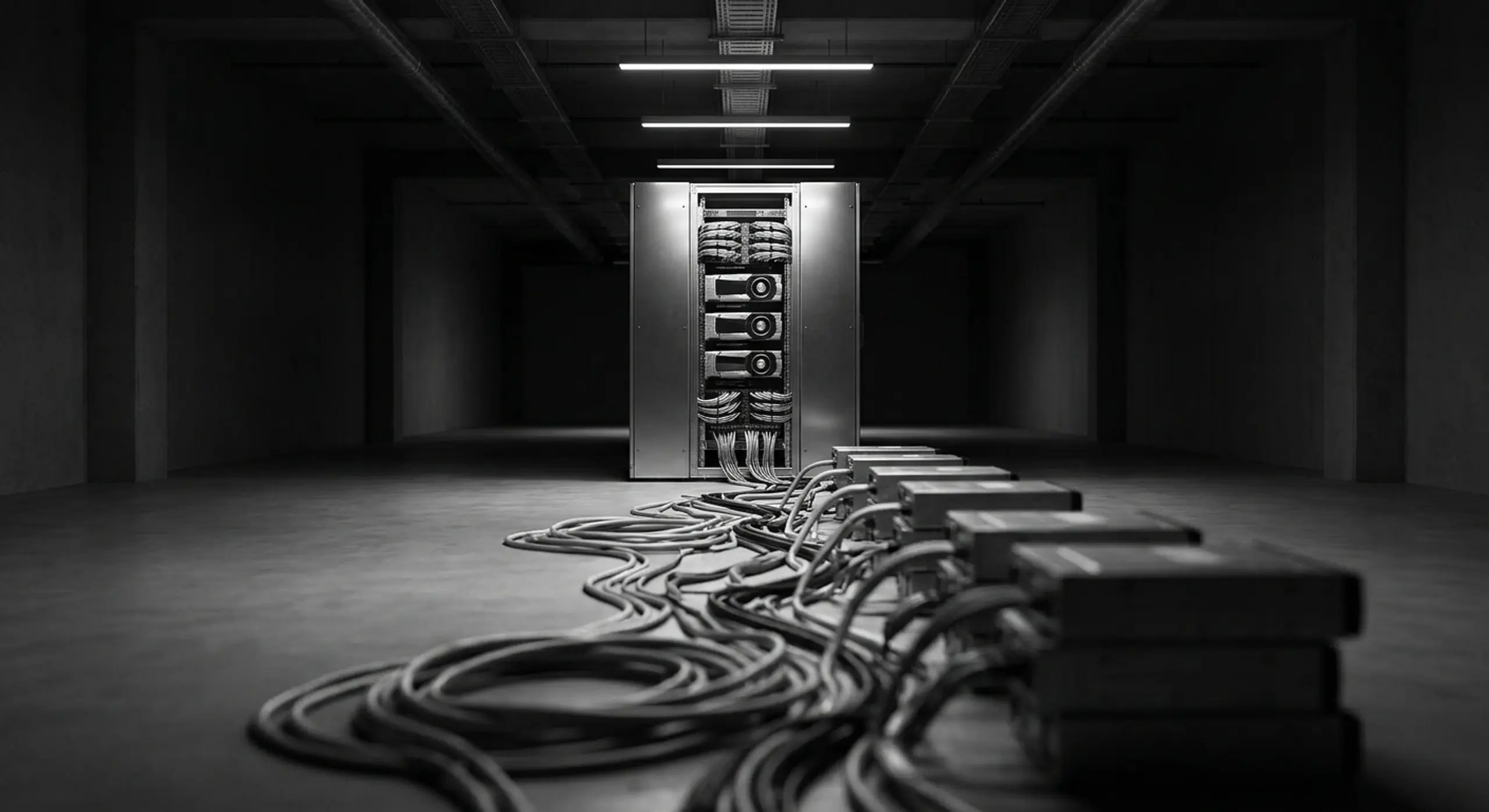 Monochrome image of a server rack connected by cables to devices on the floor in a dark room.