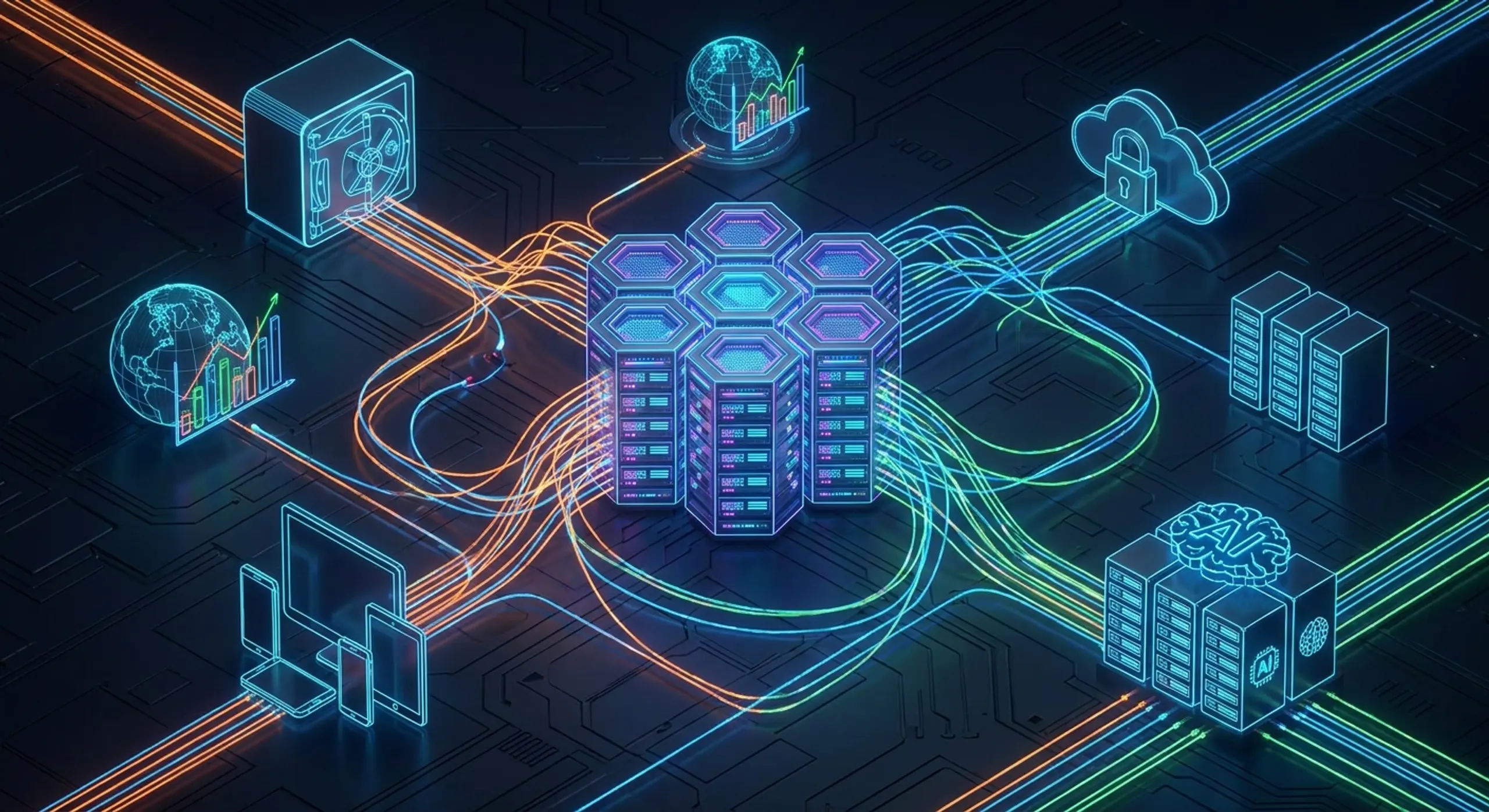 Isometric neon illustration of a digital infrastructure, showing interconnected servers, cloud, AI, data analytics, and user devices.