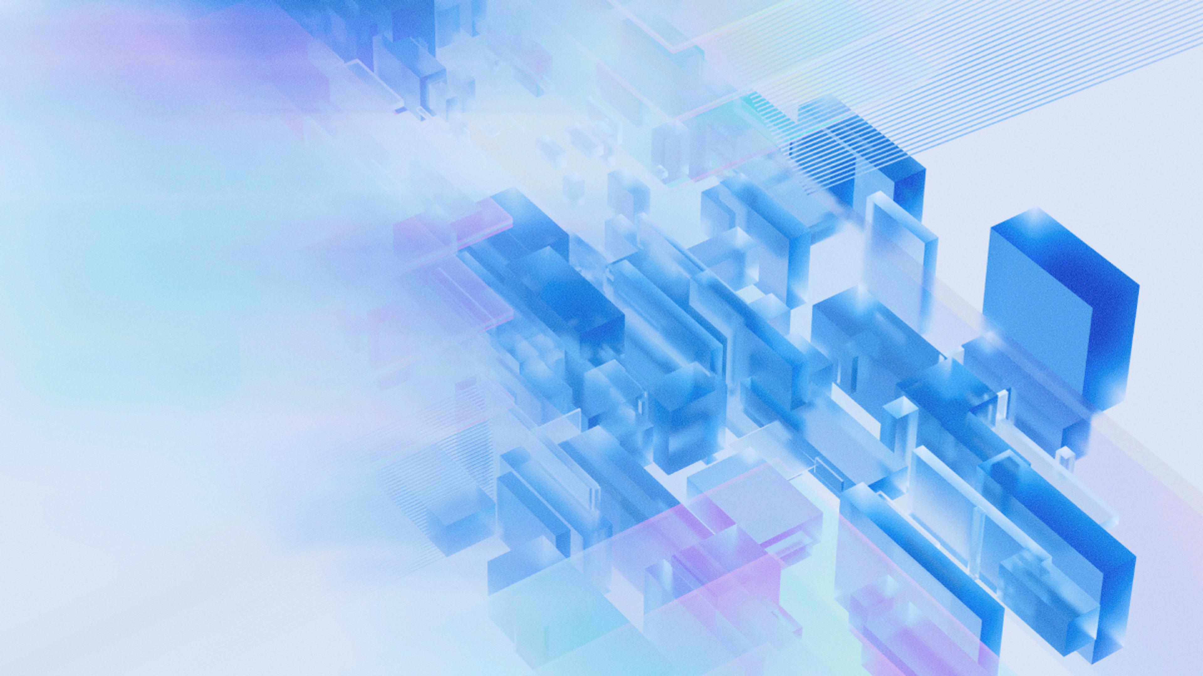 Abstract background of glowing blue and purple transparent blocks and lines.
