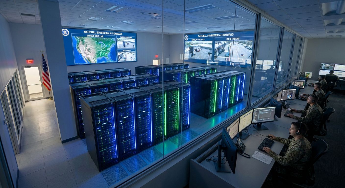 A command center with glowing server racks, large display screens showing maps and surveillance, and uniformed personnel at computer workstations.