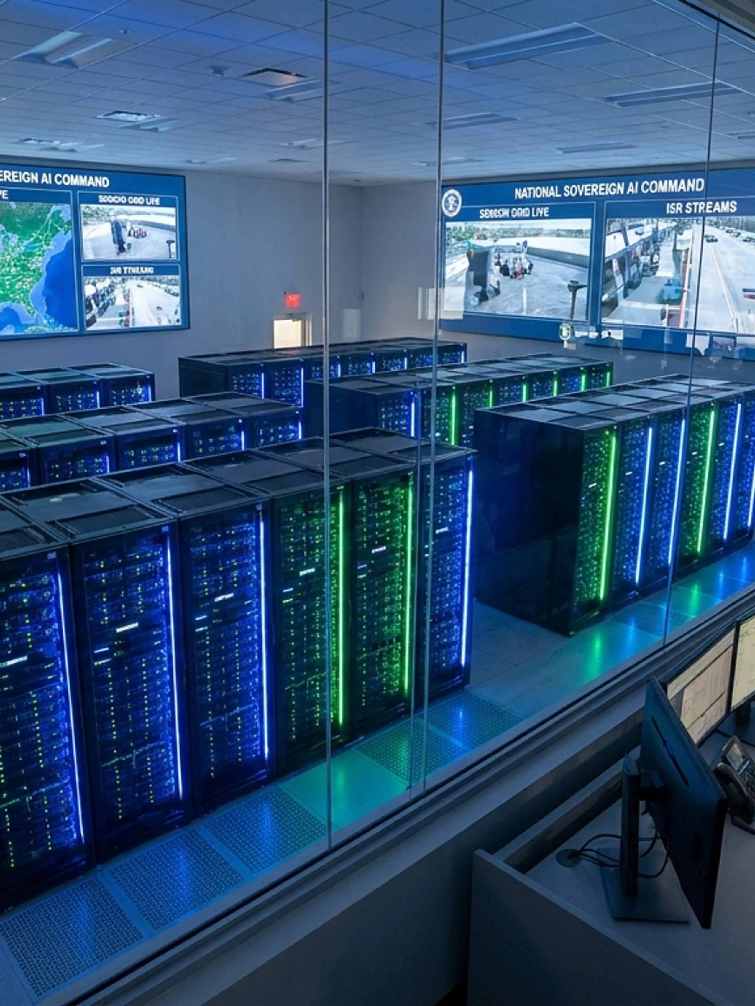 A command center with glowing server racks, large display screens showing maps and surveillance, and uniformed personnel at computer workstations.