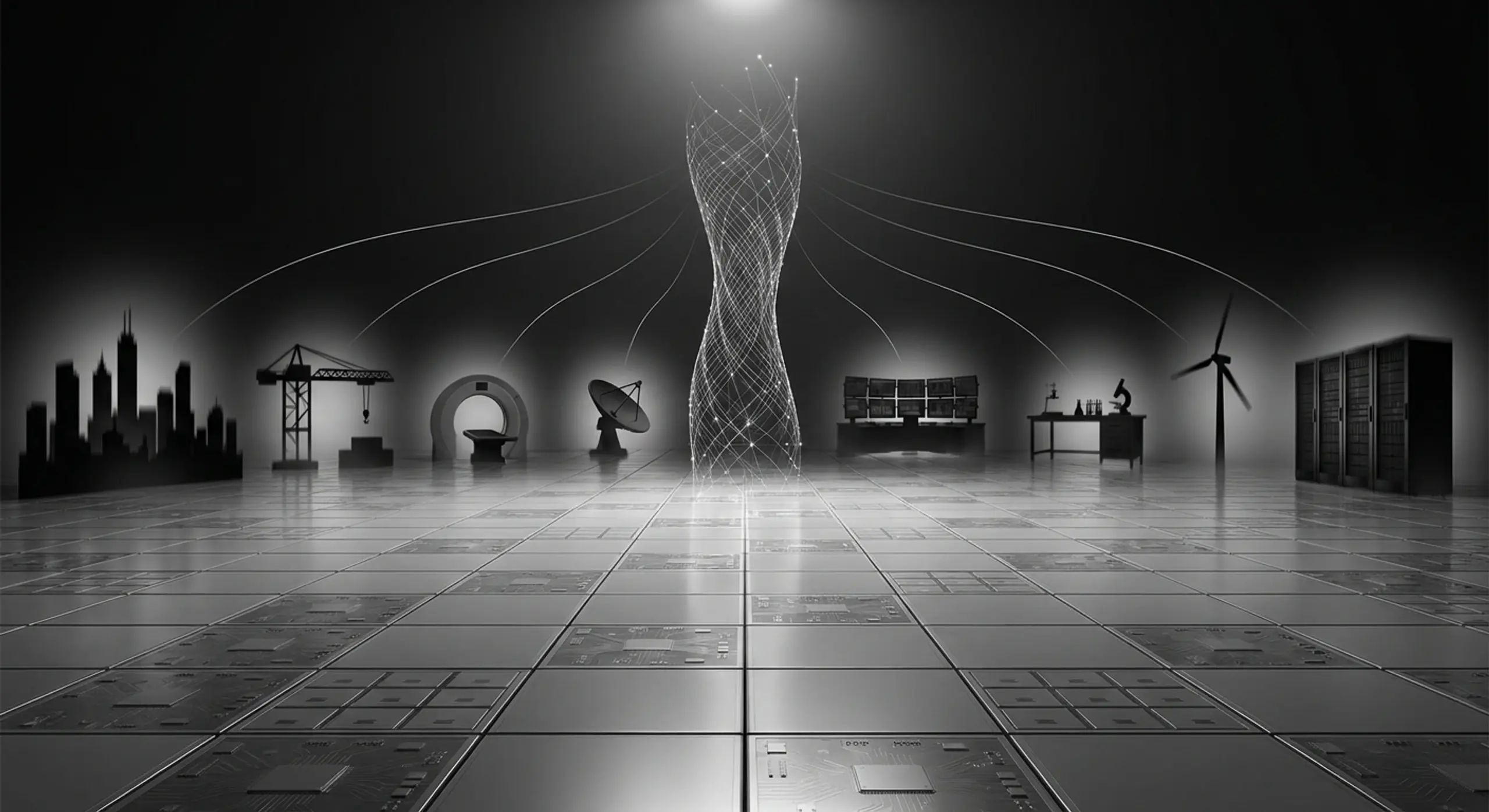 A stark, elegant composition that visually conveys unified, high-speed AI, HPC, and data-intensive workloads across industries operating seamlessly on one secure, shared platform.