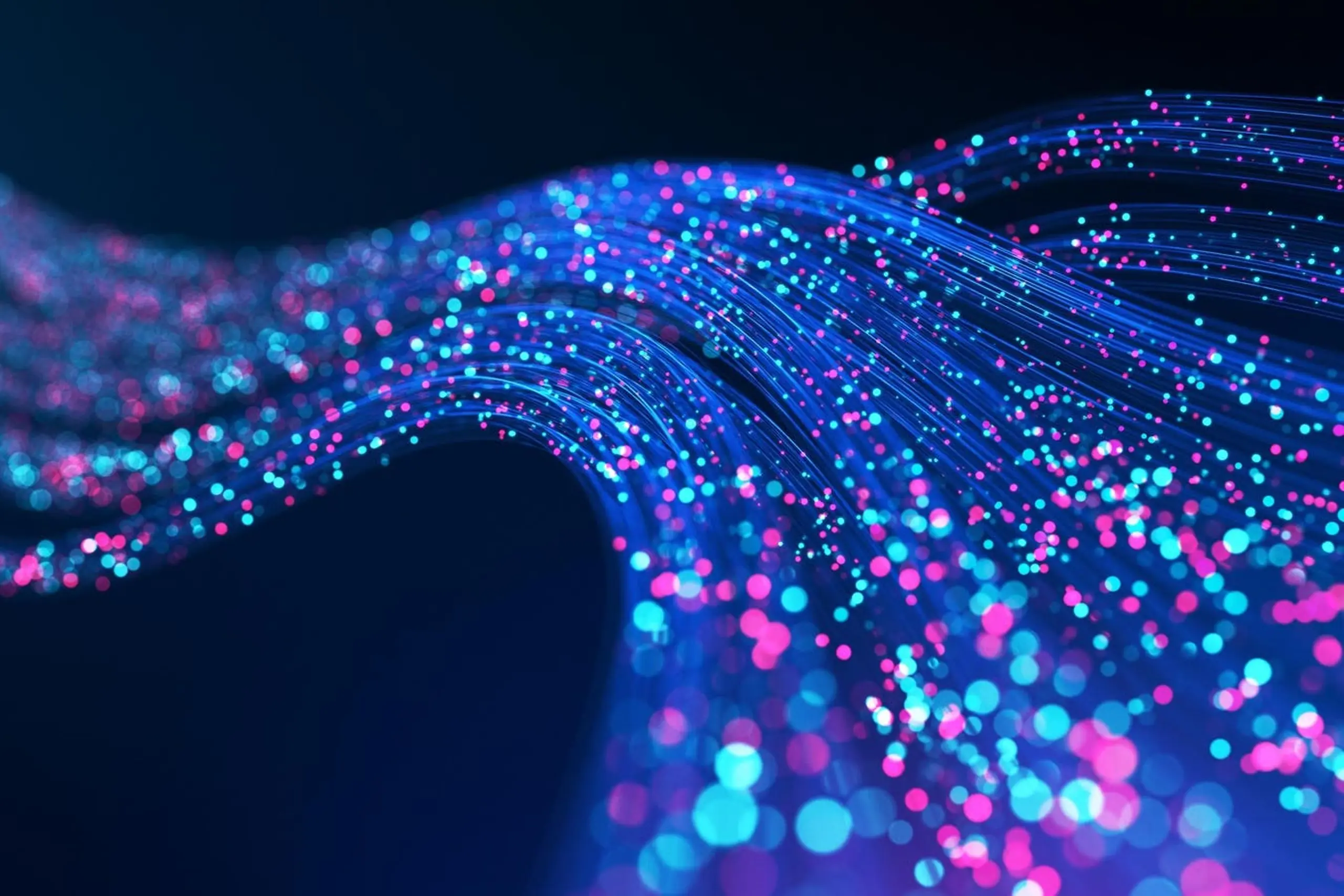 Abstract glowing blue and pink fiber optic strands.