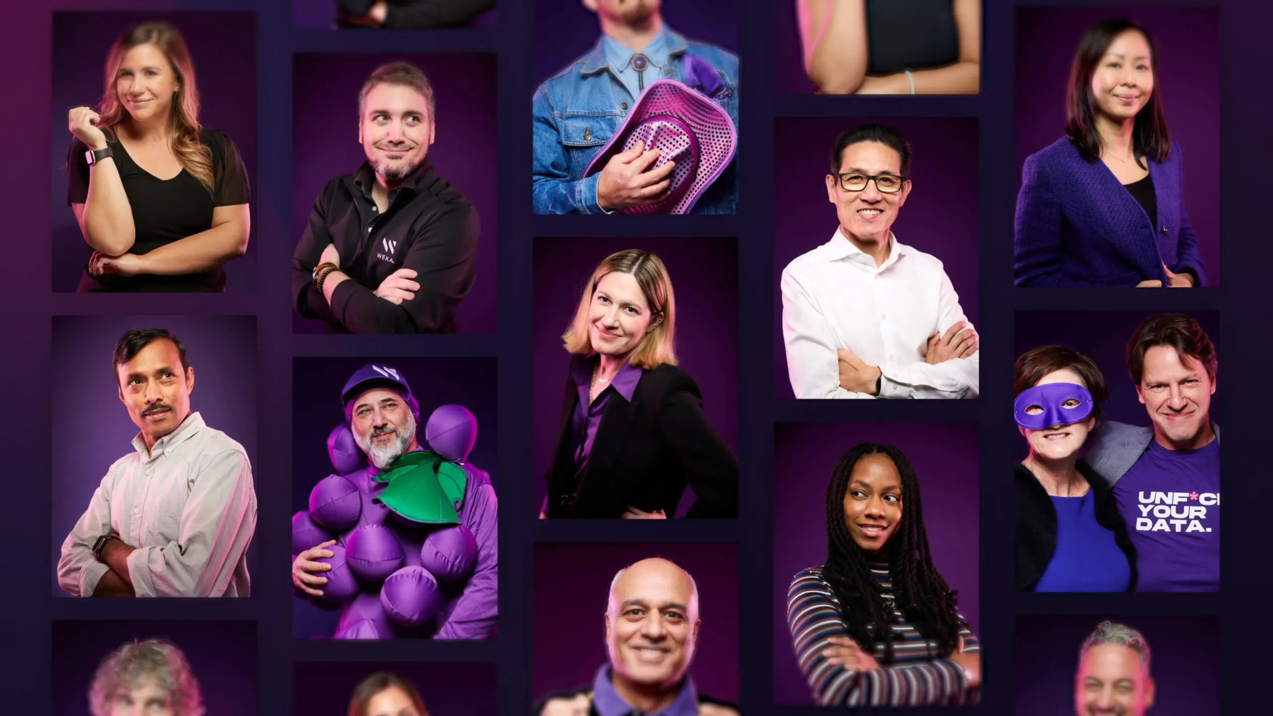 A grid of diverse individuals in individual portraits against a purple background, some wearing costumes or unique accessories.
