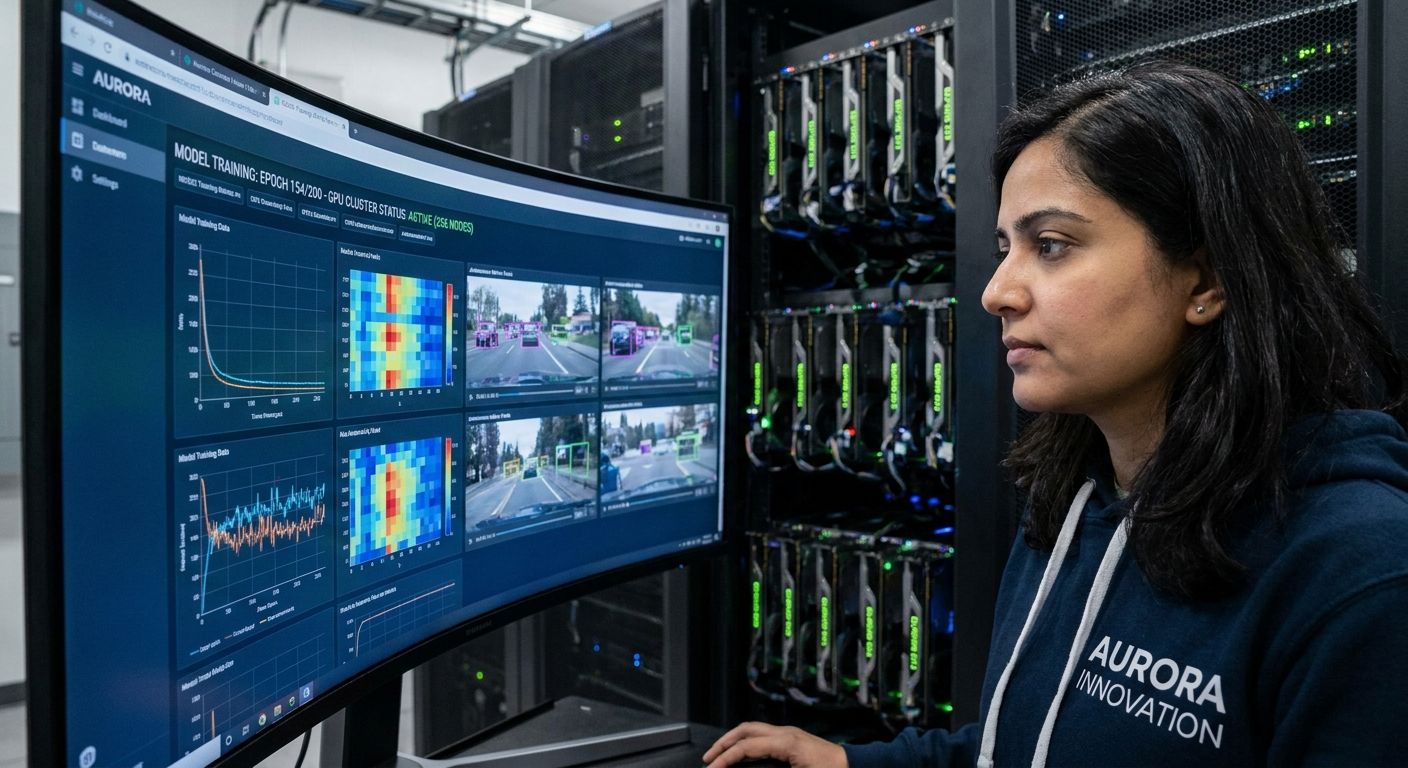 A woman in an Aurora Innovation hoodie monitors AI model training on a curved screen showing graphs, heatmaps, and object detection on road scenes. Server racks with glowing GPUs are behind her.