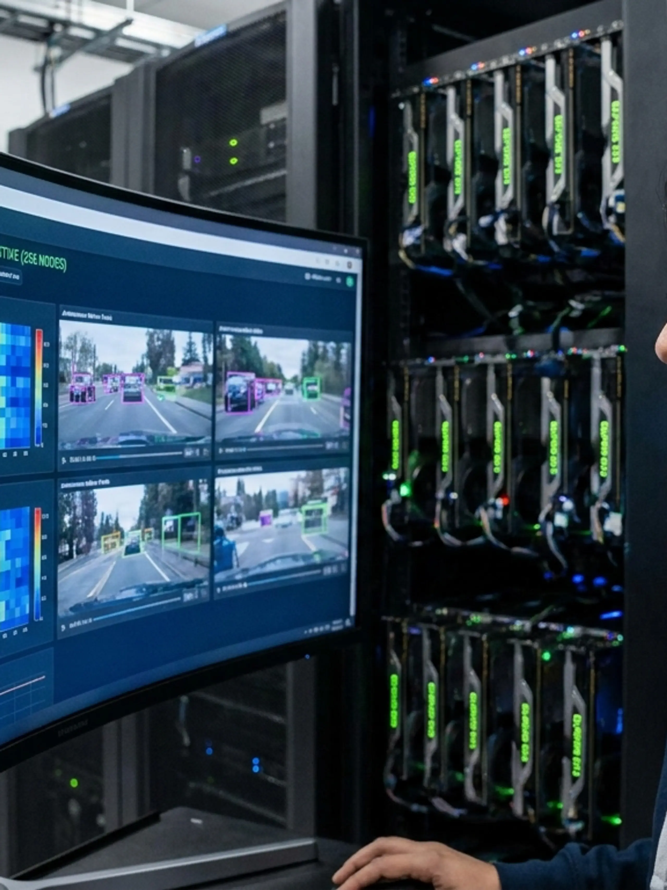 A woman in an Aurora Innovation hoodie monitors AI model training on a curved screen showing graphs, heatmaps, and object detection on road scenes. Server racks with glowing GPUs are behind her.