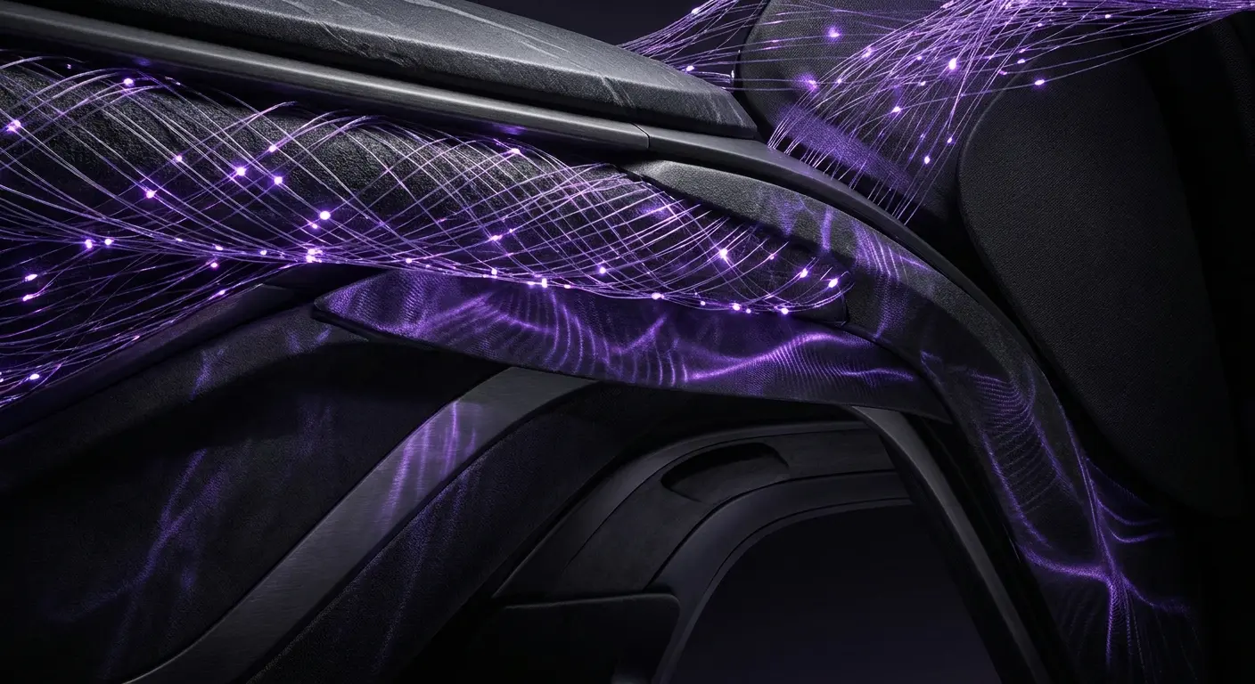 Abstract purple-lit neural mesh and acoustic waveforms flowing through dark, curved forms suggest low-latency conversational AI infrastructure inside a vehicle.