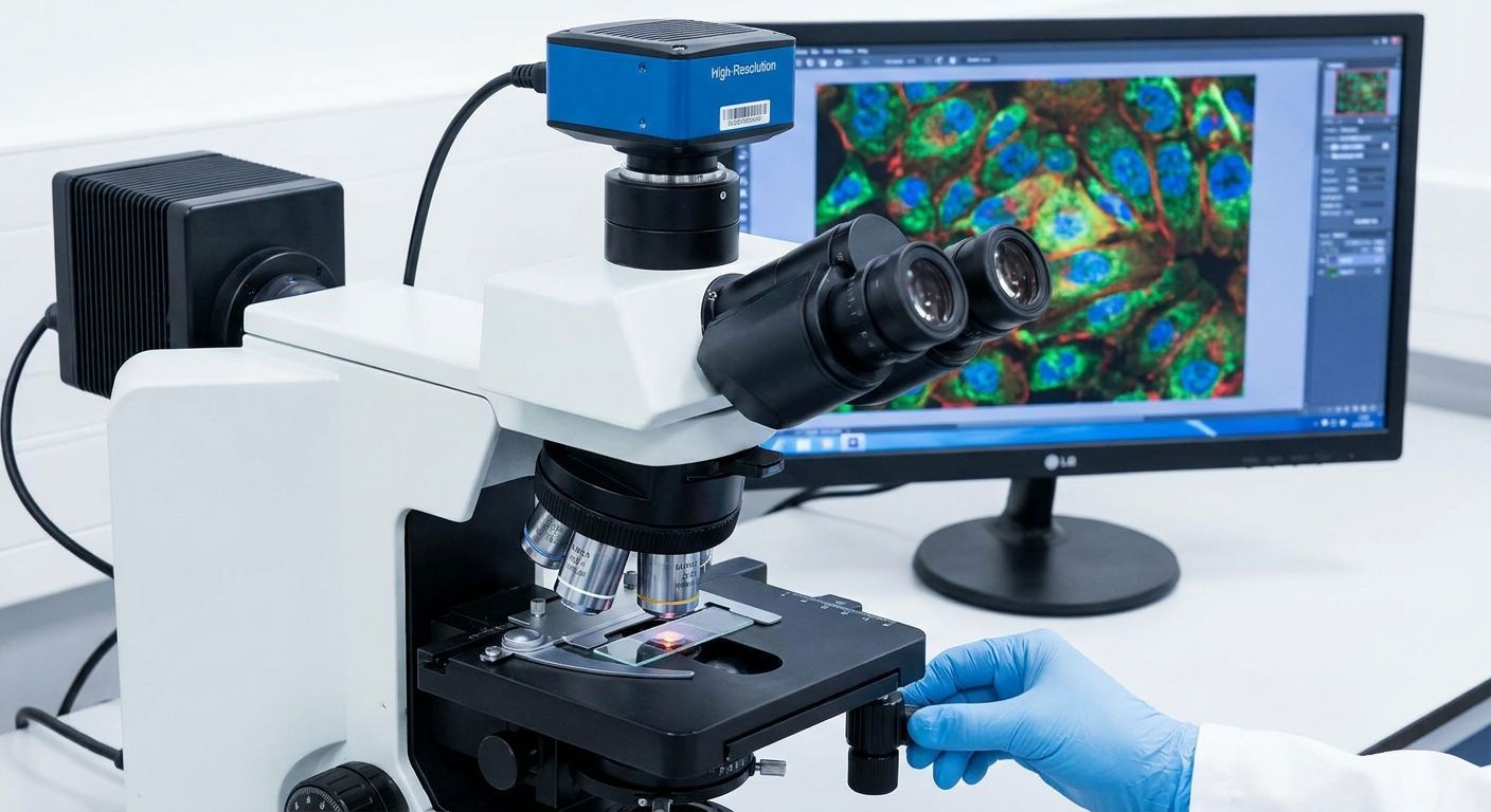 A person in blue gloves operates a digital microscope displaying brightly colored fluorescent cells on a monitor.