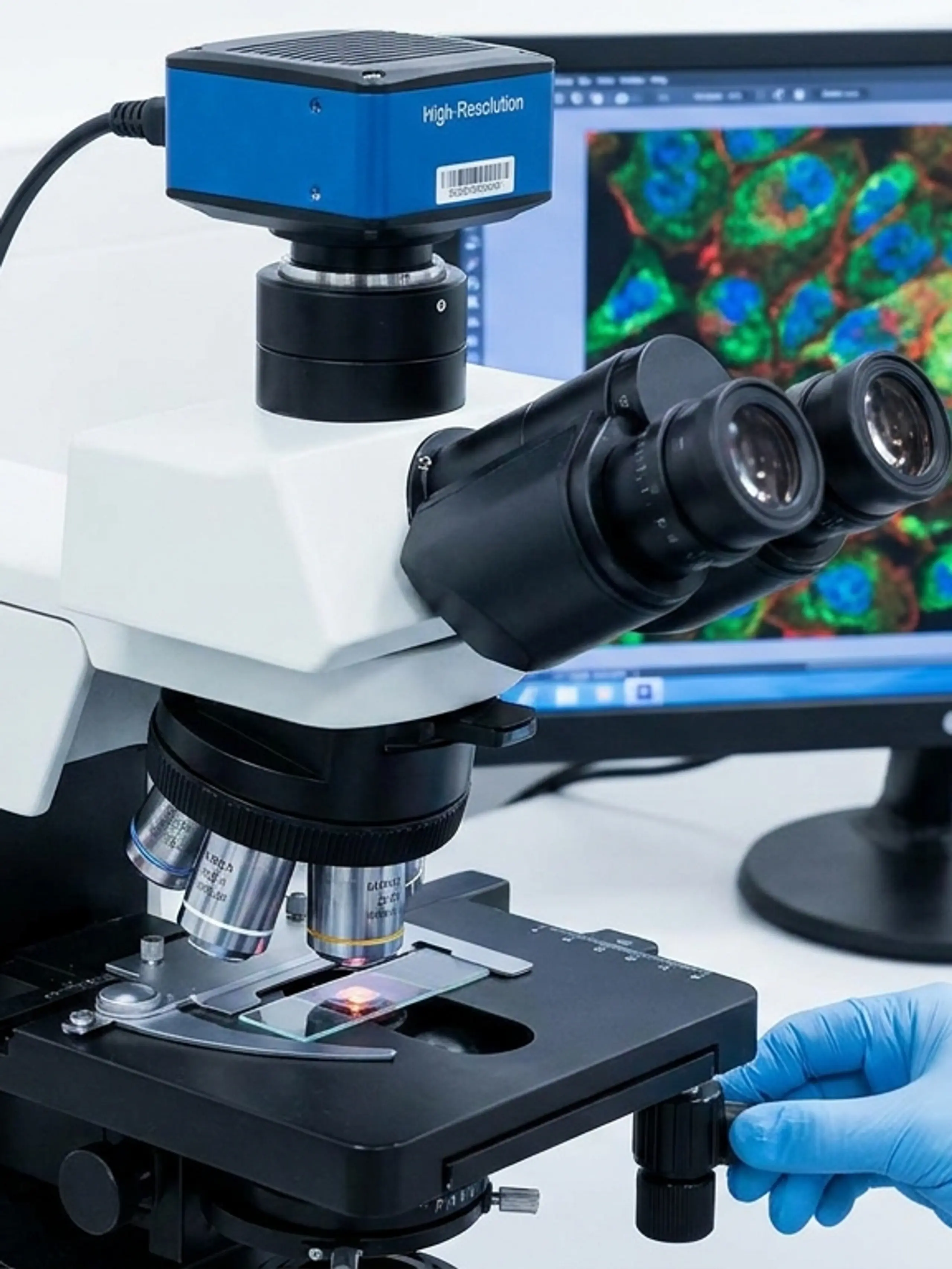 A person in blue gloves operates a digital microscope displaying brightly colored fluorescent cells on a monitor.