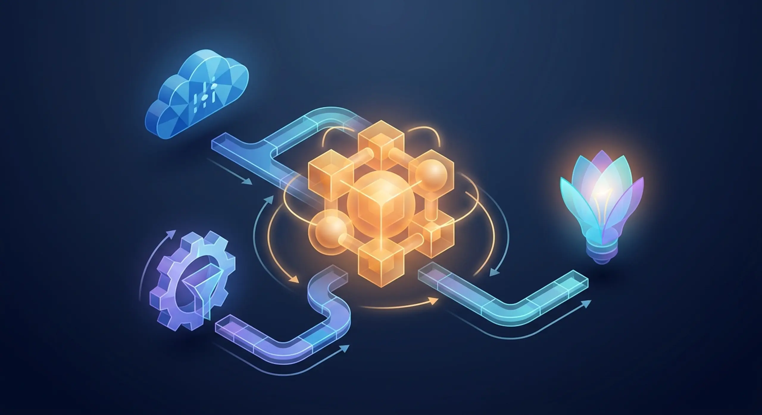 Isometric diagram: cloud and gear feed into a central processing hub, leading to a glowing lotus lightbulb.