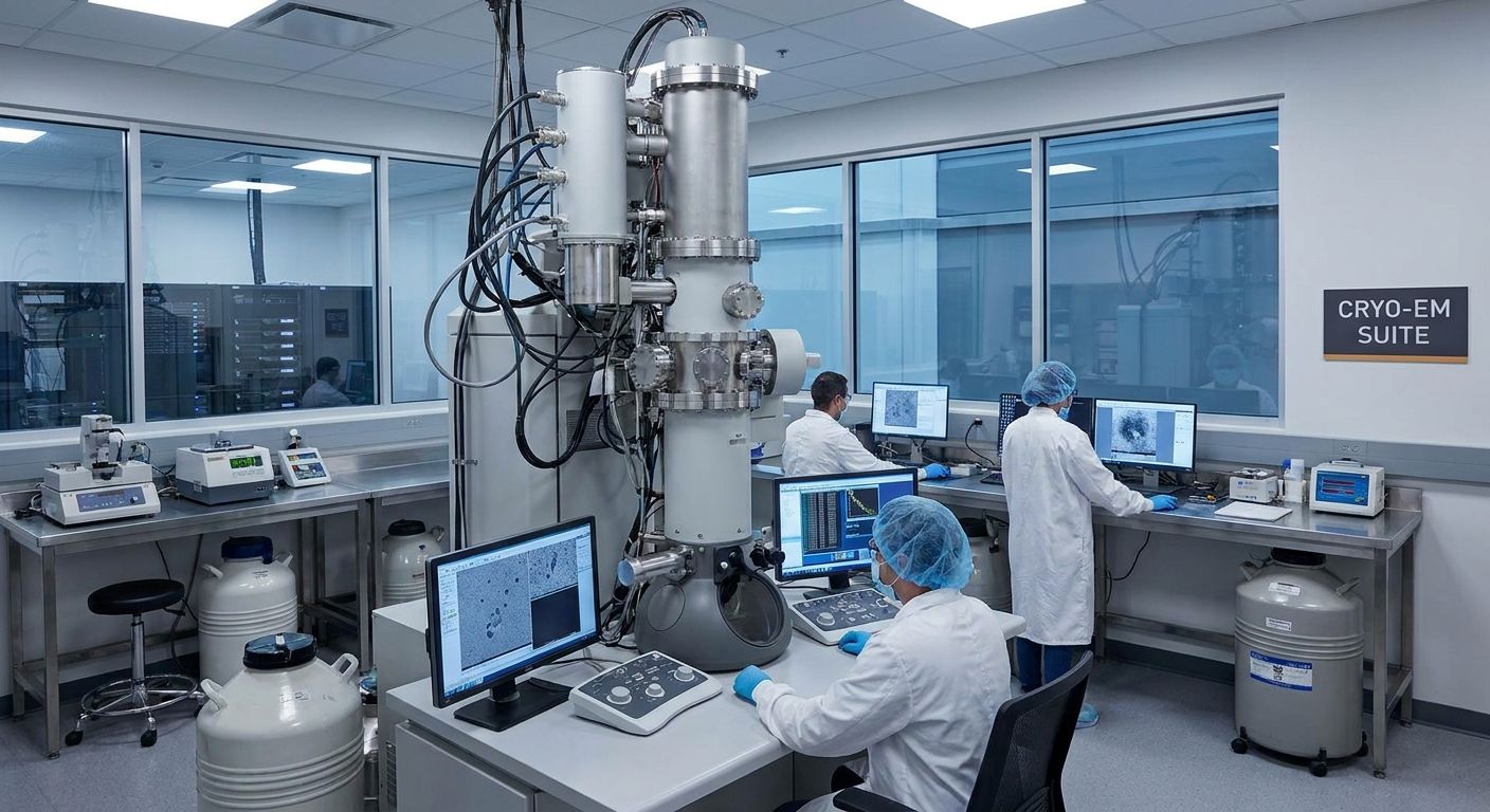 Scientists working in a modern Cryo-EM lab with a large microscope and computers.