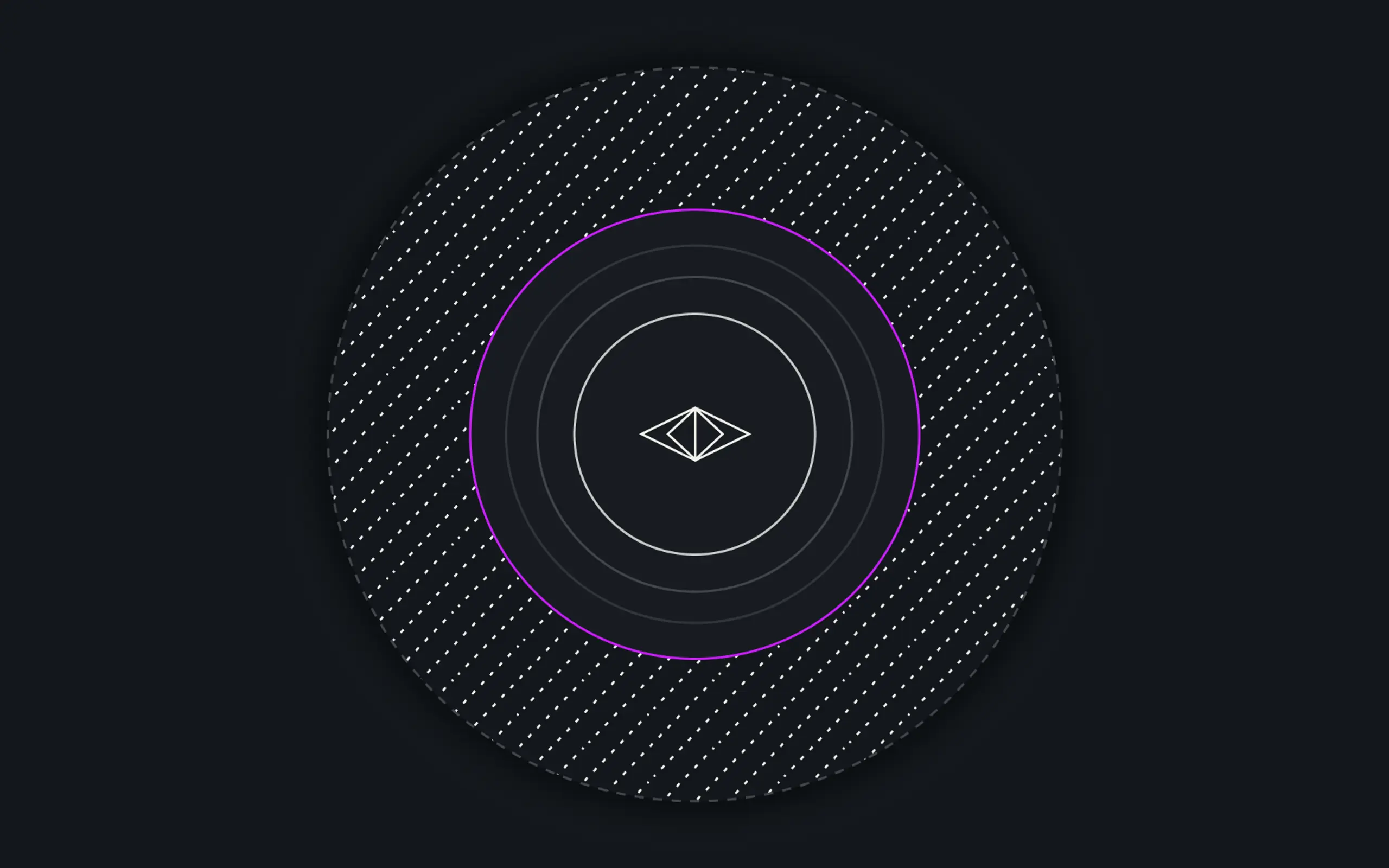 Abstract dark circular design with white dotted patterns, a purple ring, and a central white geometric eye symbol.