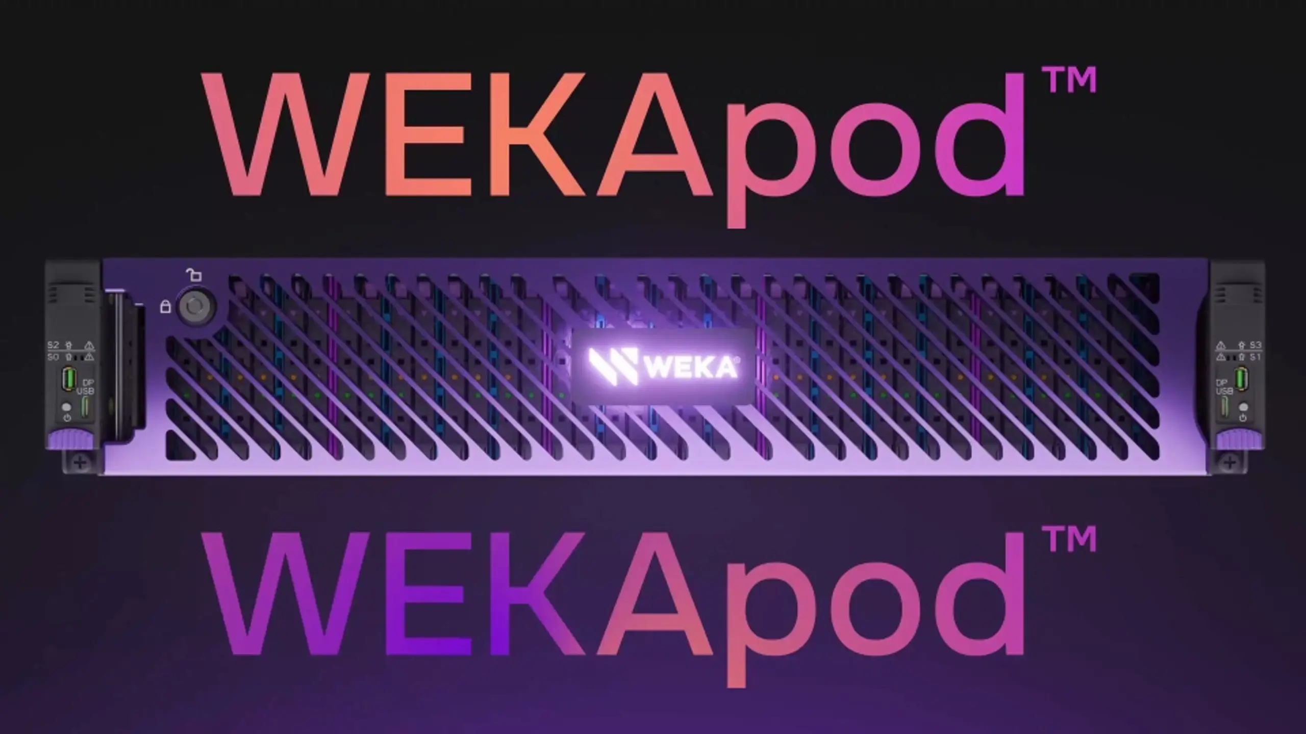 Purple WEKApod server unit with a glowing WEKA logo and WEKApod text above and below.