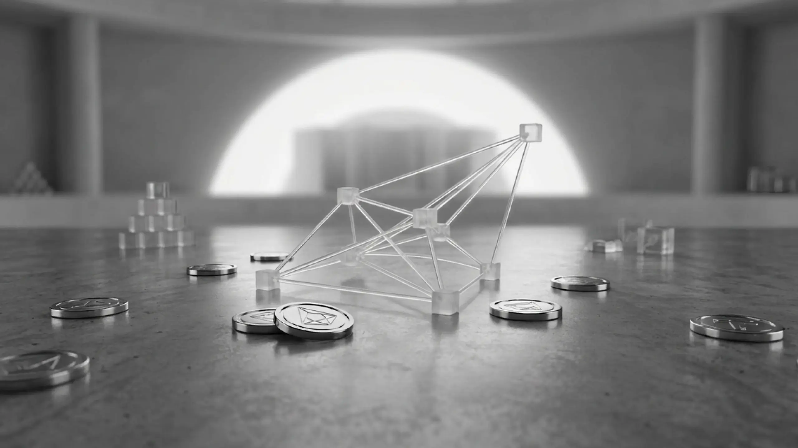 Monochrome image of a clear, angular network structure surrounded by scattered Ethereum coins, with a glowing archway and geometric shapes in the background.
