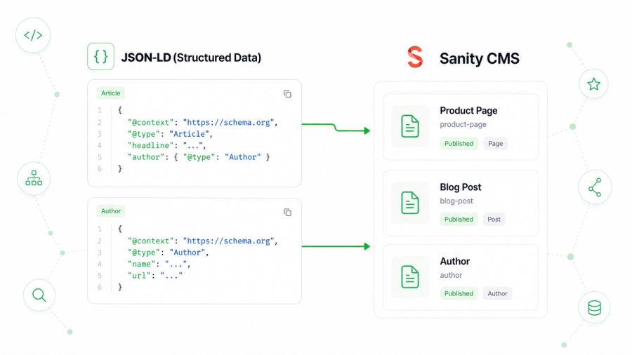 Technical diagram showing JSON-LD code blocks connected to Sanity CMS content cards with green flow arrows.