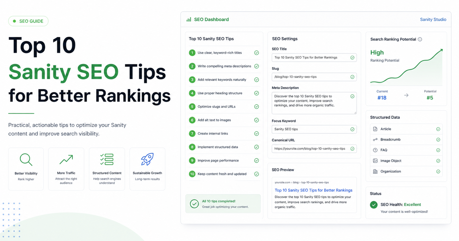 Clean light cover image for Top 10 Sanity SEO Tips for Better Rankings