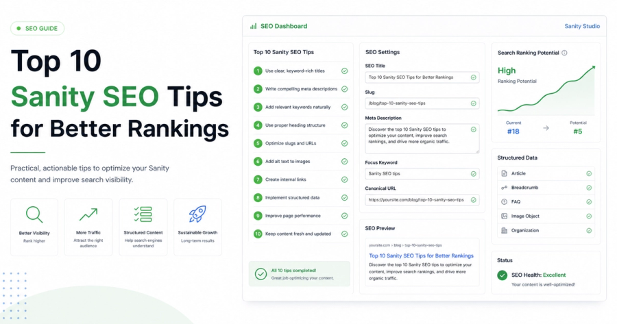 Clean light cover image for Top 10 Sanity SEO Tips for Better Rankings