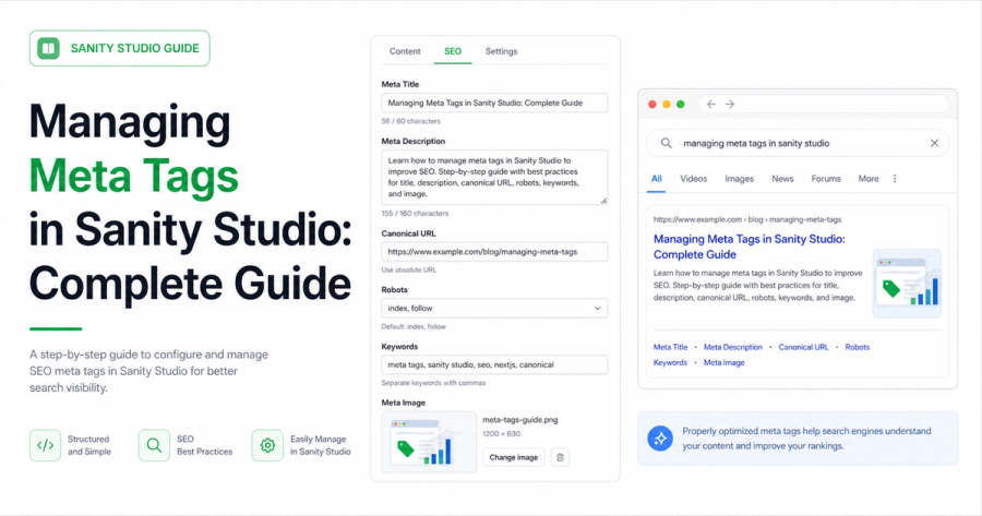 Clean light cover image for Managing Meta Tags in Sanity Studio: Complete Guide