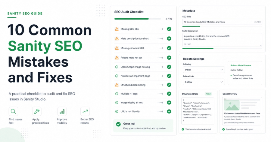 Clean light cover image for 10 Common Sanity SEO Mistakes and Fixes