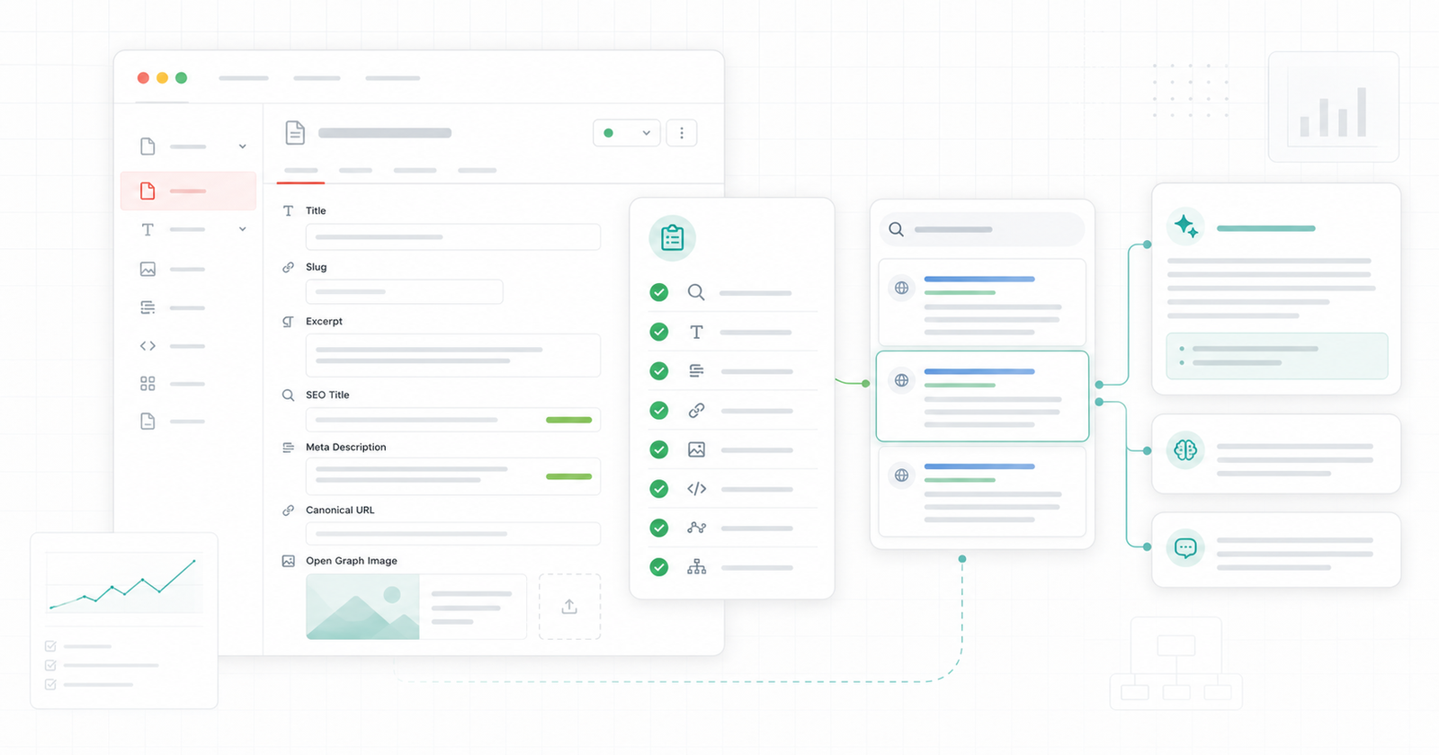 Light UI illustration of Sanity SEO fields connected to an AI search checklist and answer preview cards.