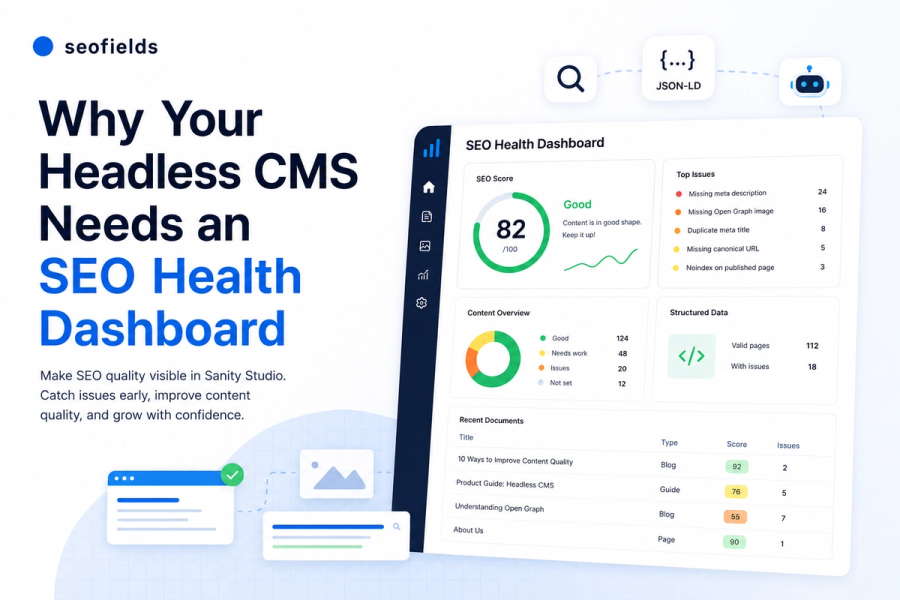 Illustration of an SEO Health Dashboard for a headless CMS, showing SEO score, metadata issues, structured data insights, and content quality metrics inside Sanity Studio.